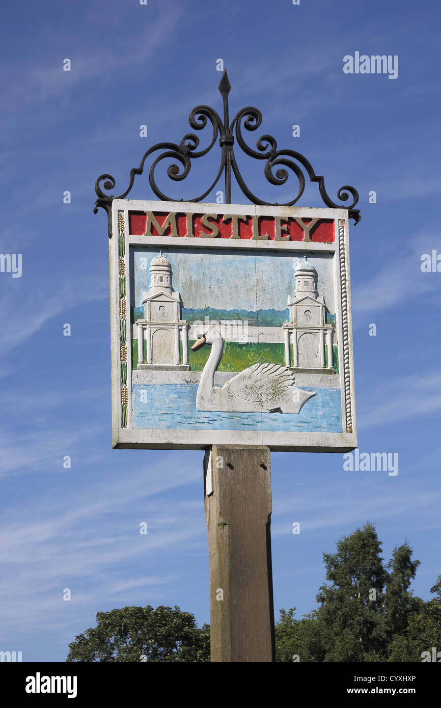 mistley village sign on the river stour in essex Stock Photo - Alamy