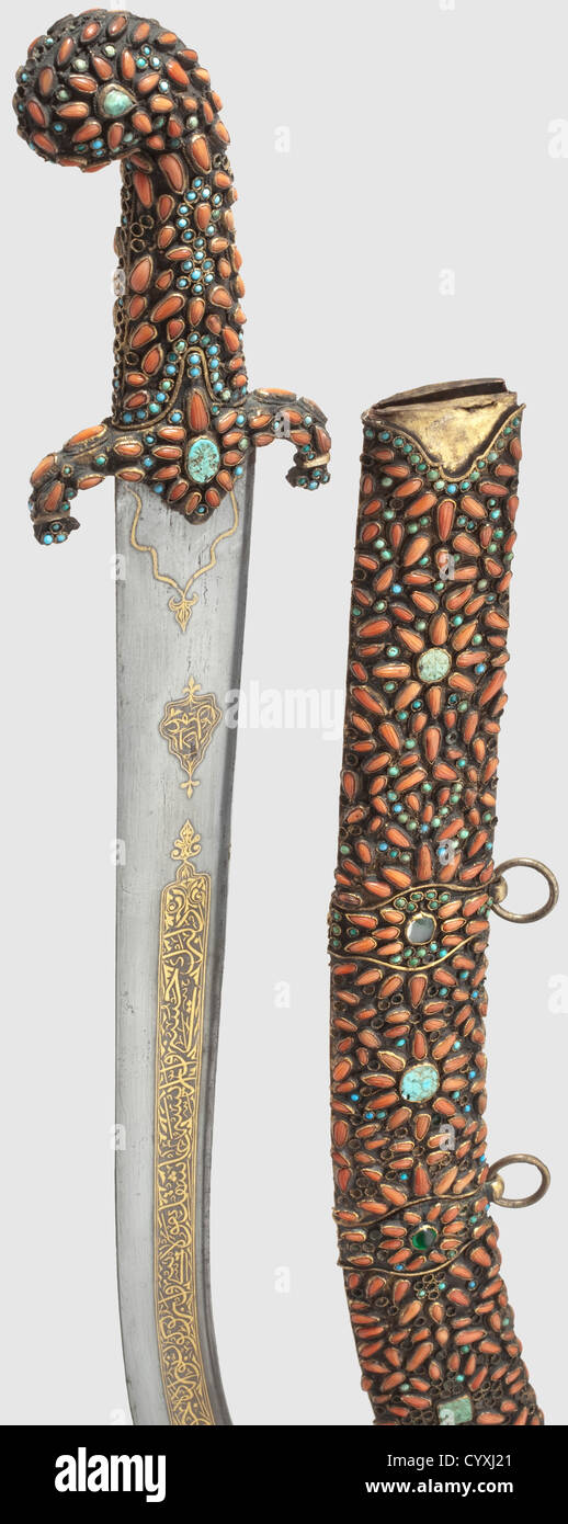 An Ottoman kilij set with coral and turquoise,mid-19th century Broad ...
