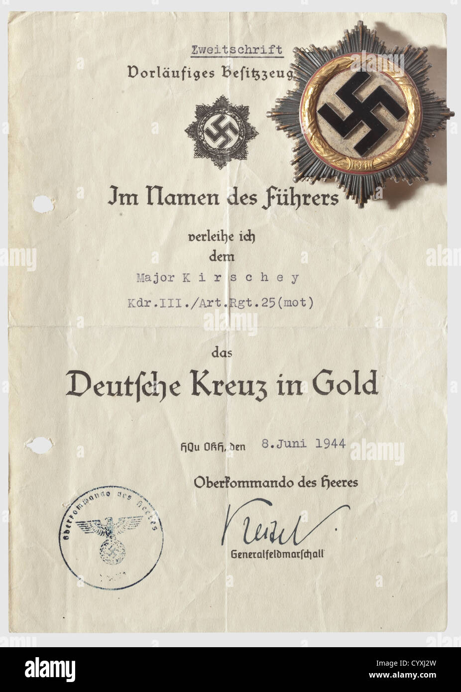 Group of medals with the German Cross in gold, of the army pilot Major Otto Kirschey German Cross in gold in light version, silver-plated aluminium-copper (cupal) plate historic, historical, 1930s, 20th century, awards, award, German Reich, Third Reich, Nazi era, National Socialism, object, objects, stills, medal, decoration, medals, decorations, clipping, cut out, cut-out, cut-outs, honor, honour, National Socialist, Nazi, Nazi period, Additional-Rights-Clearences-Not Available Stock Photo