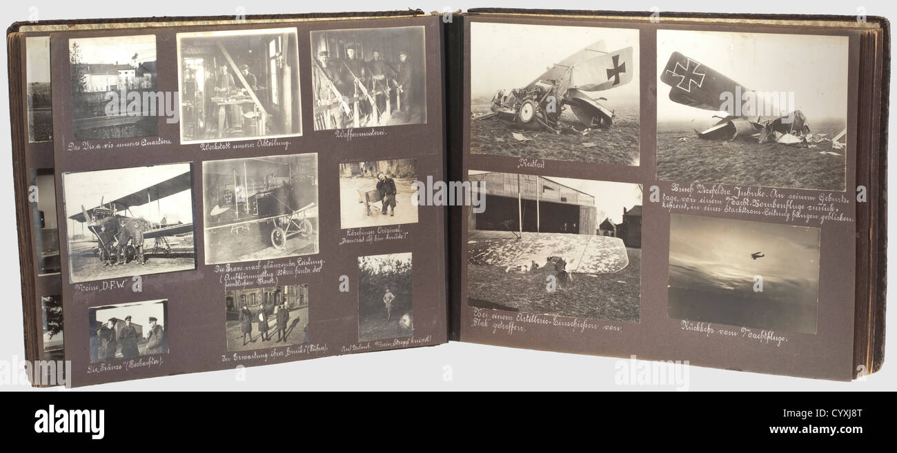 A photo album of a fighter pilot officer,at the Western front in the First World War Beautifully inscribed large photo album with a total of 288 pictures and a few newspaper articles,postcards and prints of combat activities.Photos of his training in Breslau,aerial shots of the front,highly interesting technical details of various aircraft models,partially with camouflage paintwork,vehicles and tanks,also highly revealing pictures of uniforms,military base,pictures of life at the front as experienced by members of the air corps etc.Spectacularly larg,Additional-Rights-Clearences-Not Available Stock Photo