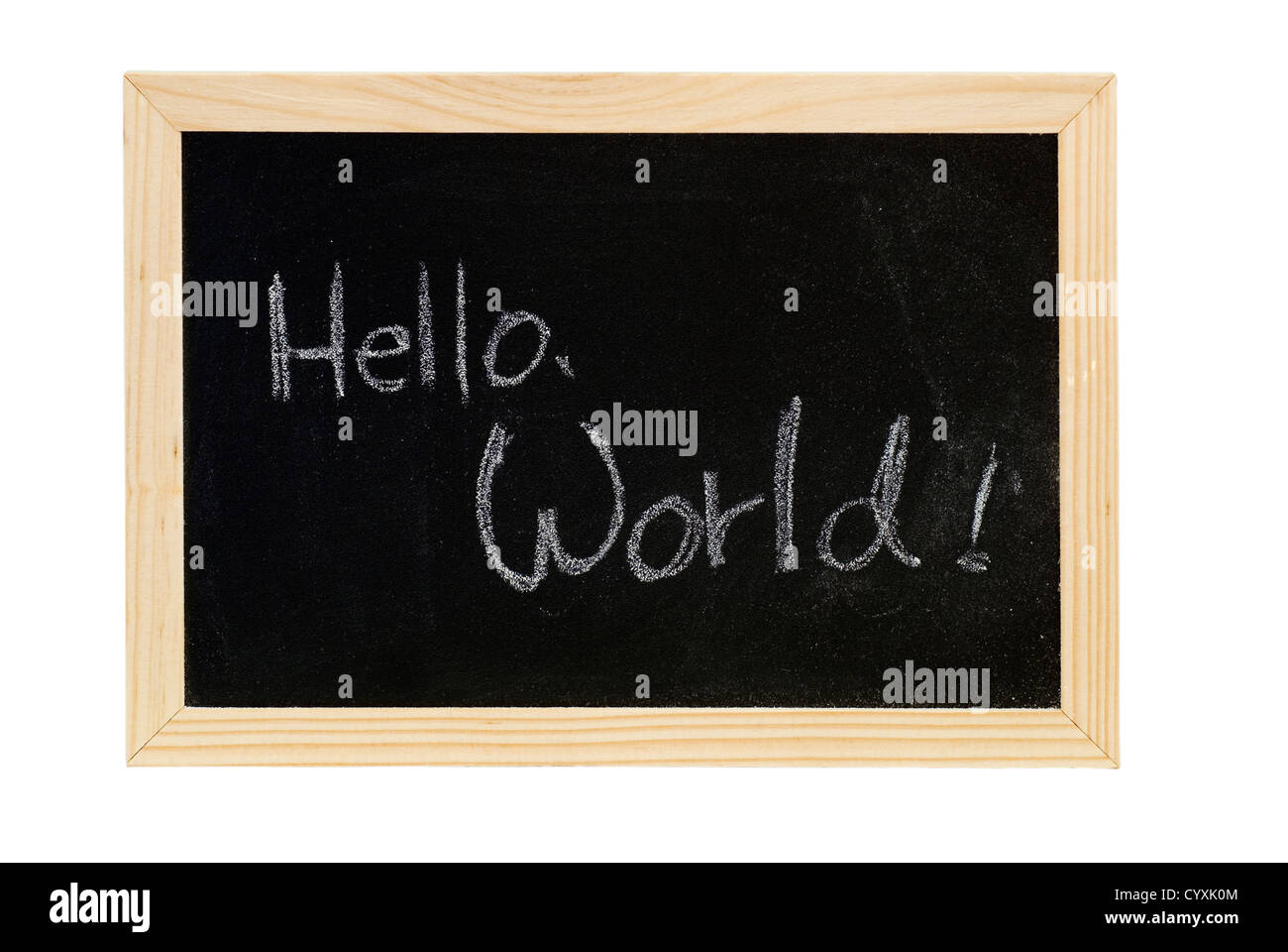Blackboard writing  white words of 'Hello World'. Stock Photo
