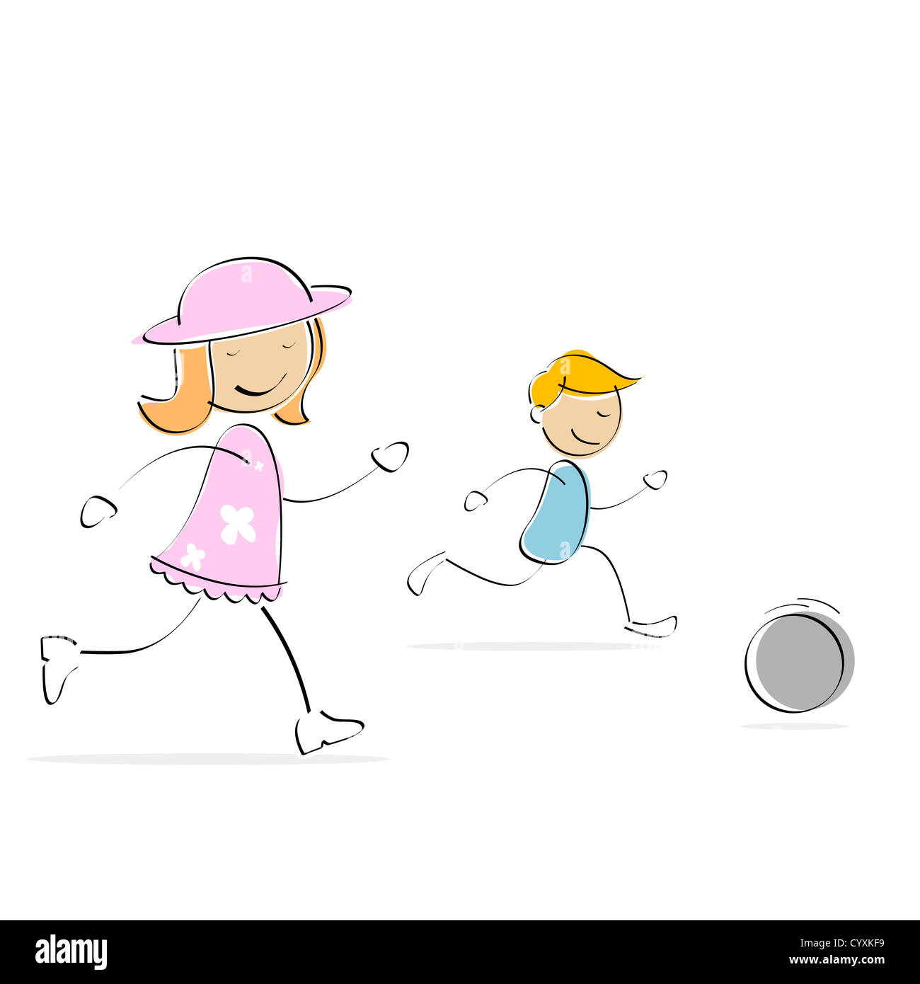 illustration of kids running behind soccerball on an isolated white background Stock Photo