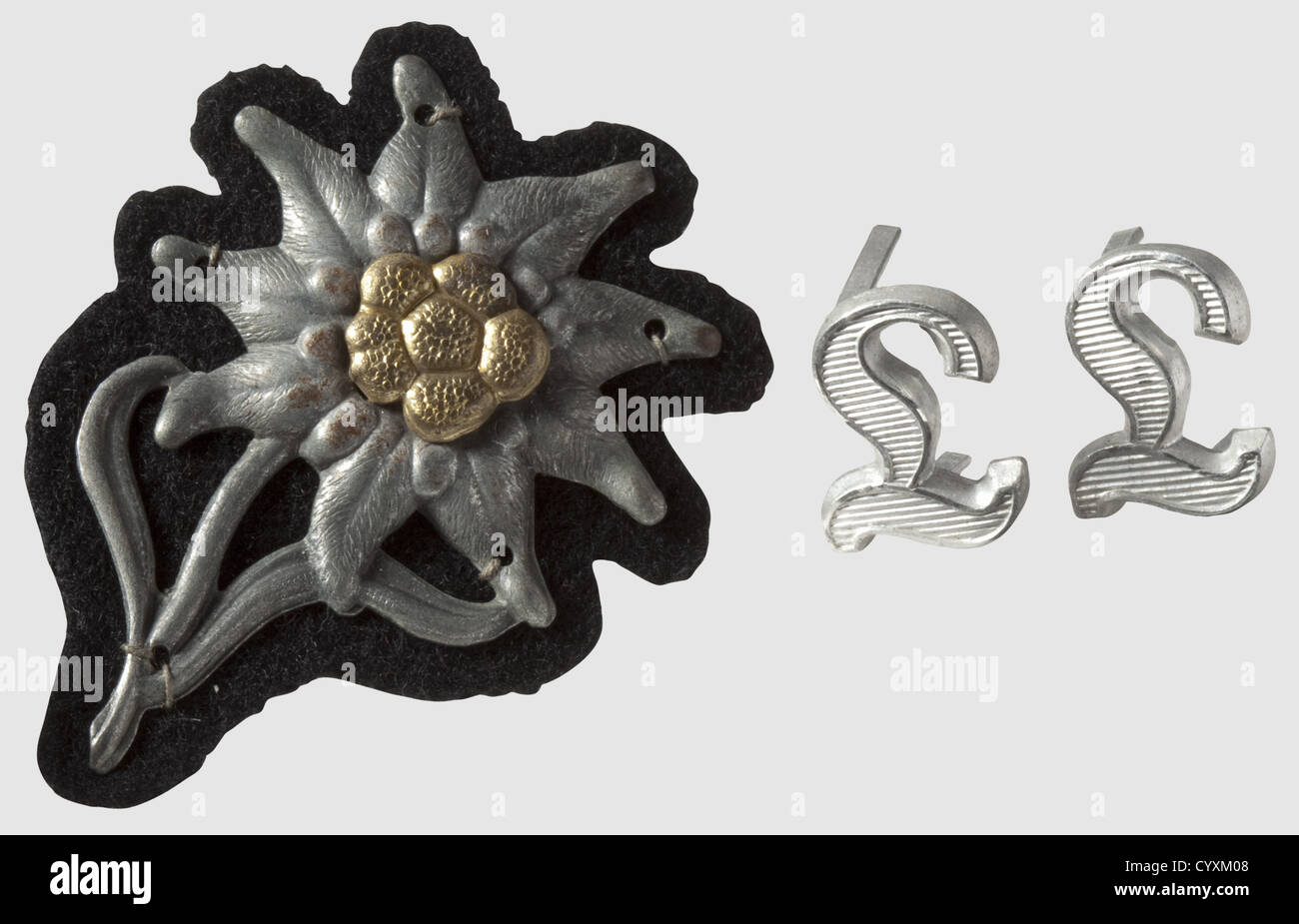 Cap badge 'Edelweiß' and a pair of shoulder-board numerals 'L',the 'Edelweiß' is a army-pattern on black cloth(worn by SS-mountaineers),the shoulder-board letters 'L' for teaching-regiments,aluminium,historic,historical,1930s,1930s,20th century,secret service,security service,secret services,security services,police,armed service,armed services,NS,National Socialism,Nazism,Third Reich,German Reich,Germany,utensil,piece of equipment,utensils,object,objects,stills,clipping,clippings,cut out,cut-out,cut-outs,fascism,fascistic,Na,Additional-Rights-Clearences-Not Available Stock Photo
