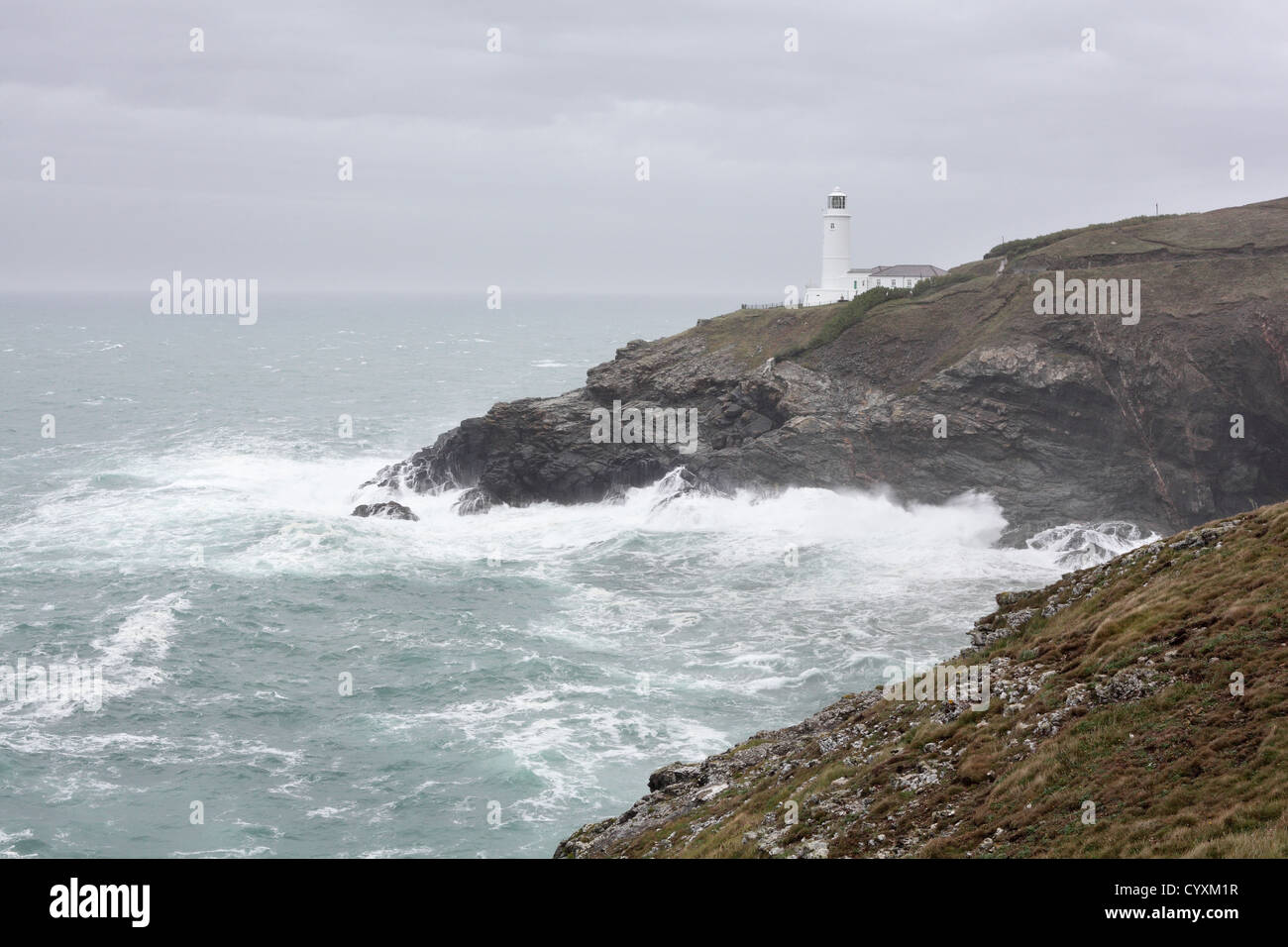 Windy, rough sea conditions at Trevose Head lightouse, Cornwall, September 2011 Stock Photo