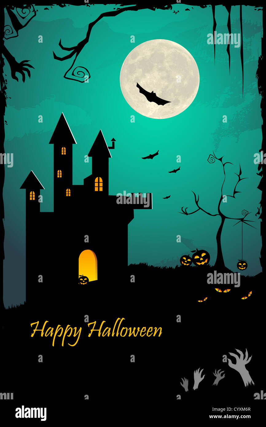 illustration of halloween night with haunted castle and bat flying Stock Photo