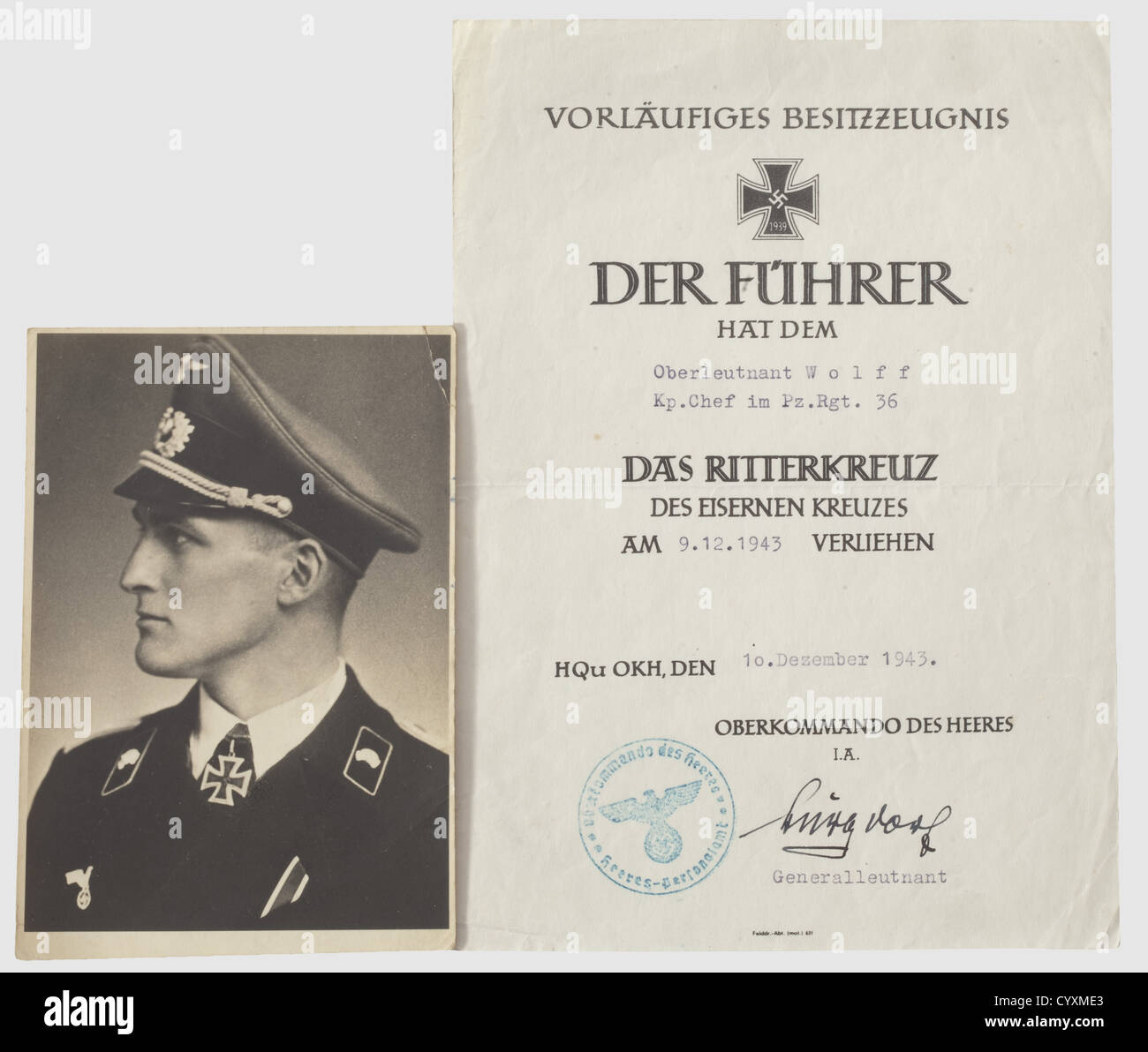 A preliminary certificate for the Knight's Cross,for Oberleutnant Wolff of the 36th Panzer Regiment Posthumous award for 10 December 1943,presented by the Supreme Army Headquarters with Generalleutnant(Major General)Burgdorf's signature in ink. Folded. It comes with the citation describing the act,approved by the divisional commander Colonel Unrein,the corps commander,General Henrici,General der Panzertruppe(Lieutenant General)Hube,and the Commander-in Chief,Field Marshall von Manstein. On 20 October 1943,on his own initiative,Wolff with his two a,Additional-Rights-Clearences-Not Available Stock Photo