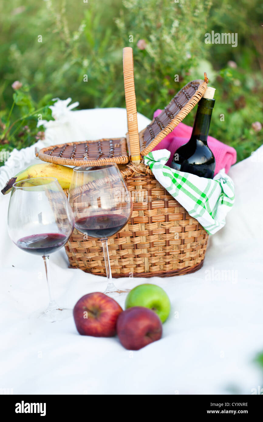 Outdoor picnic setting with red wine and fruits Stock Photo