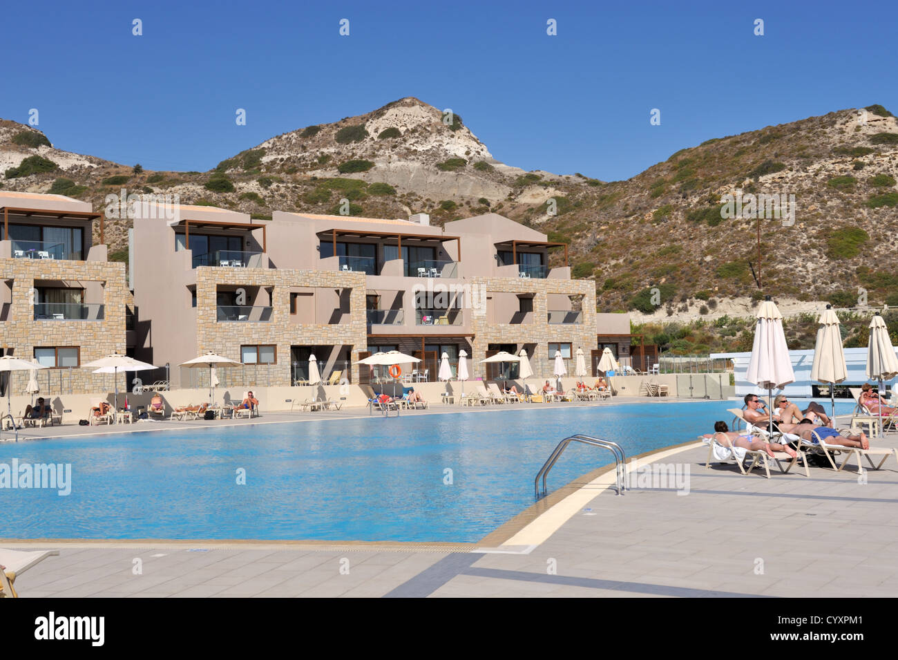'Blue Lagoon Village' Resort, rooms and one of many swimming pools. Kos, Greece Stock Photo