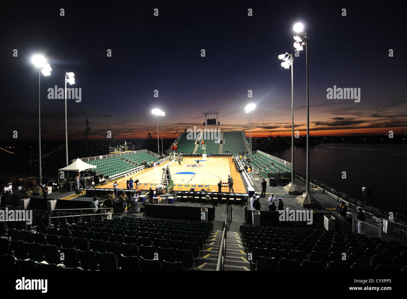 A photo was taken of the basketball court that was constructed onboard the amphibious assault ship USS Bataan (LHD 5). The Flor Stock Photo
