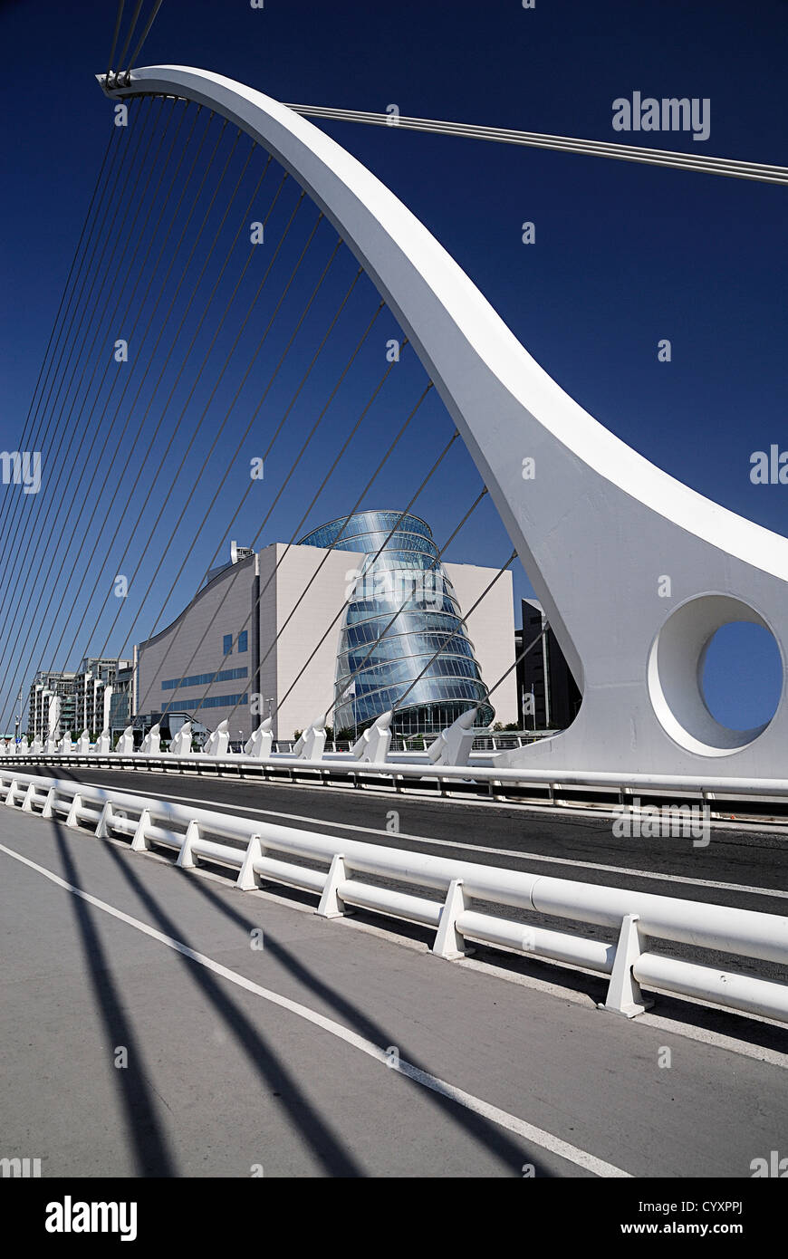 Samuel Beckett bridge on the river Liffey with the Convention Centre ...