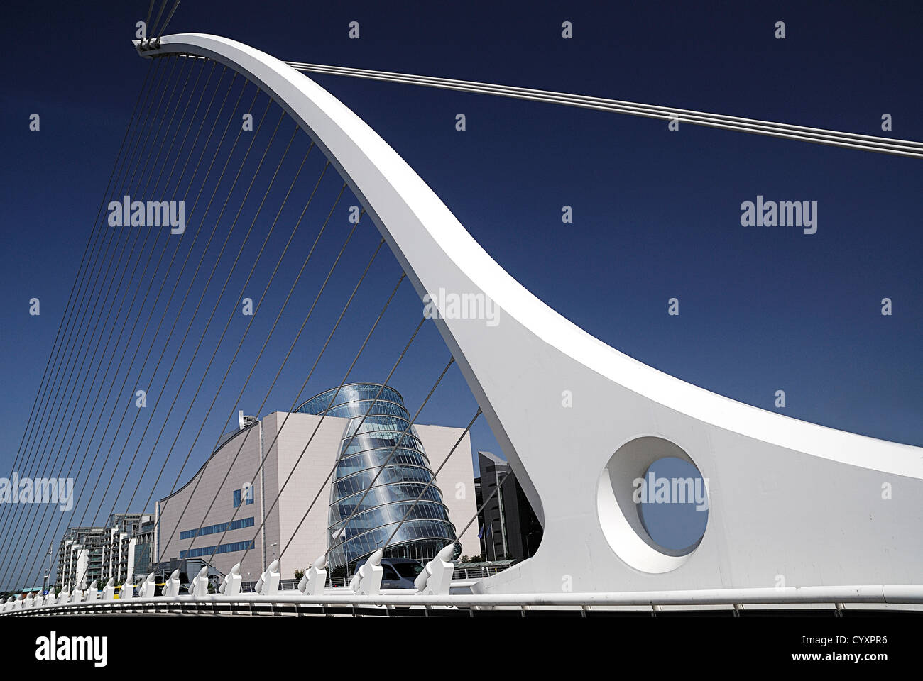 Samuel Beckett bridge on the river Liffey with the Convention Centre ...