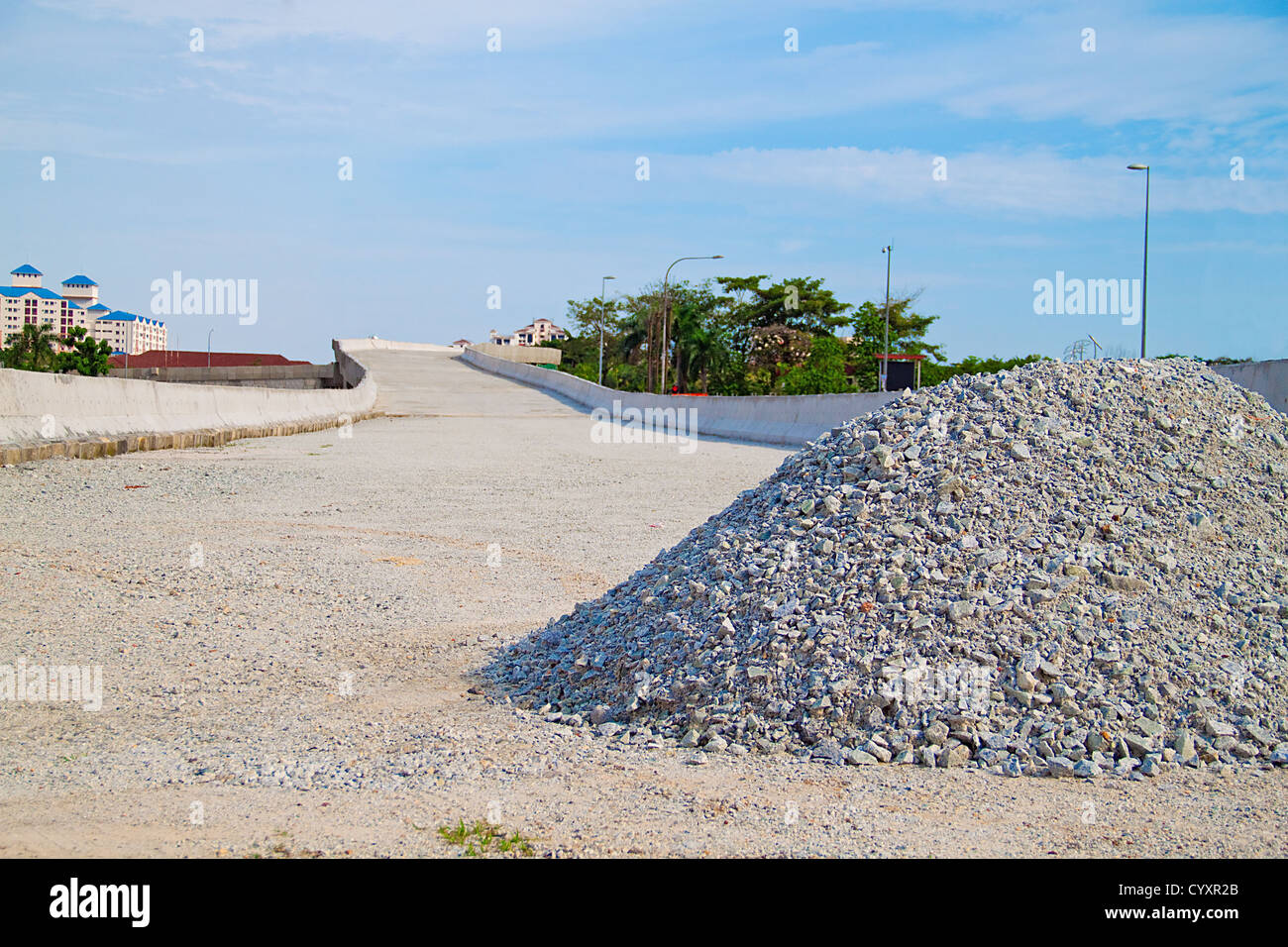 Sand and pebble pile at a construction road site.Concept of 