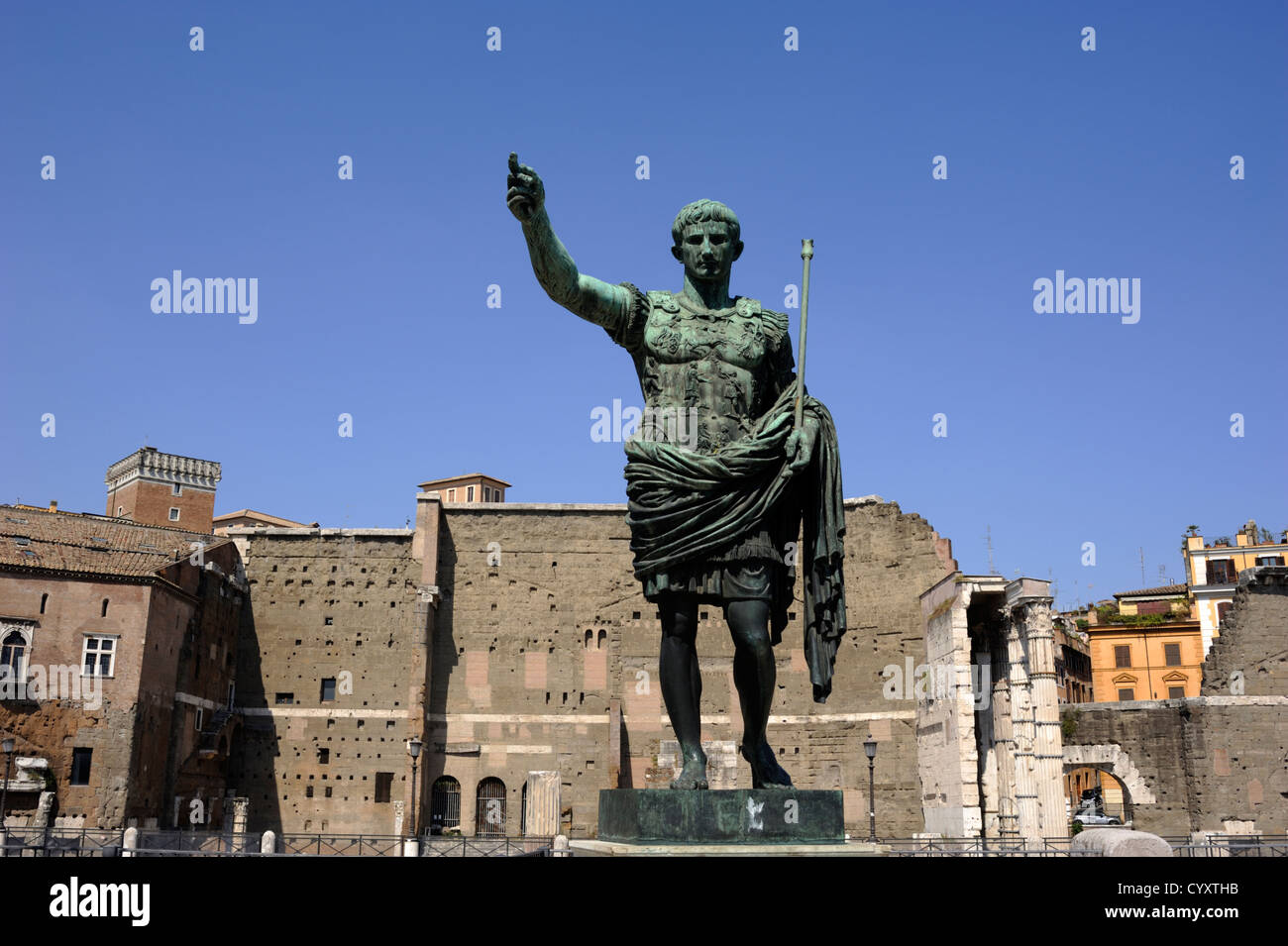 Italy, Rome, statue of roman emperor Julius Caesar Augustus and forum of Augustus Stock Photo