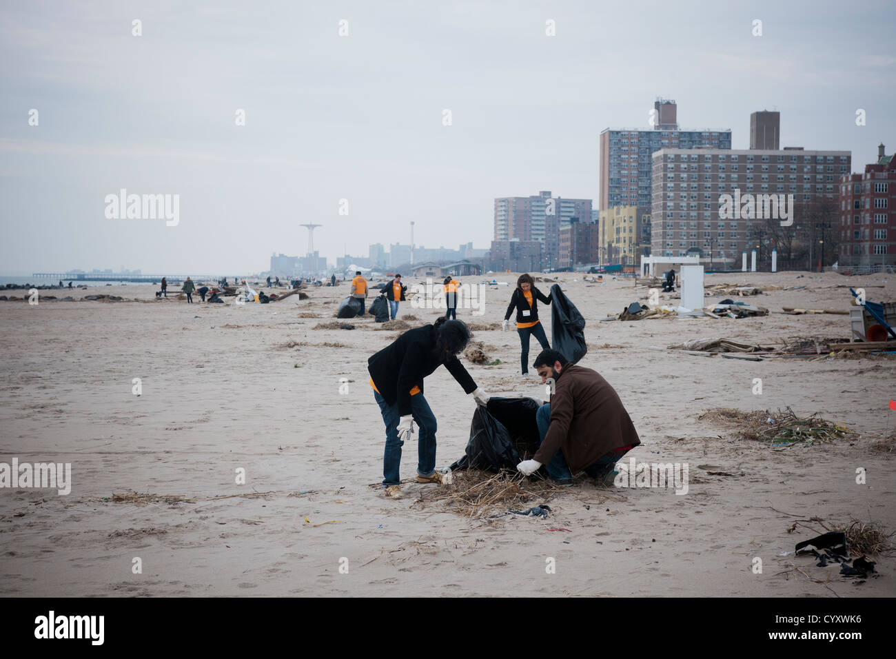 Volunteers clean up debris and sand deposited by Hurricane Sandy from