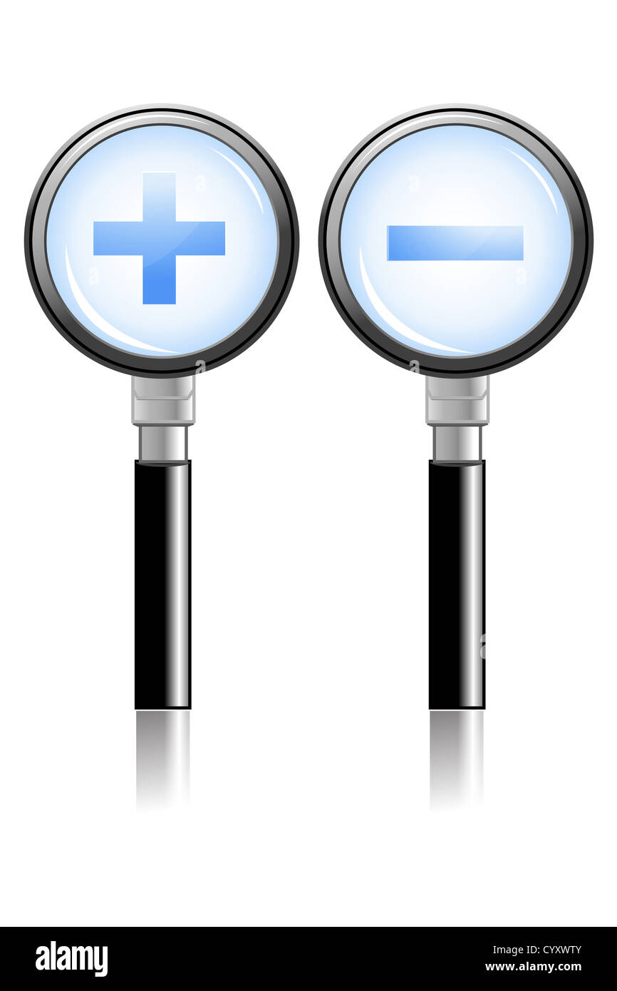 illustration of zoom in zoom out symbol on magnifying lens Stock Photo