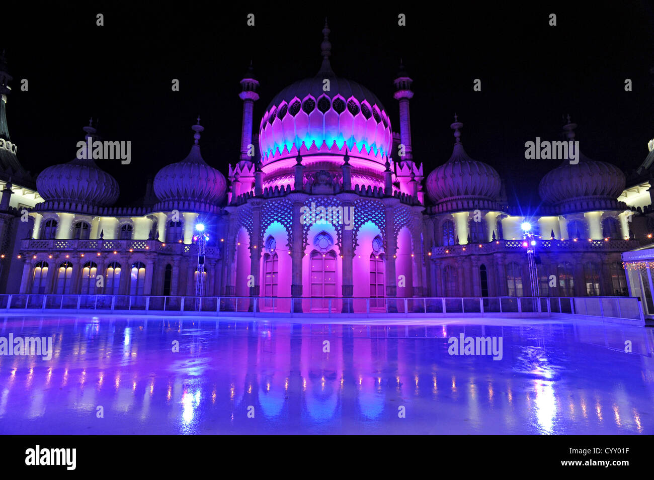 Brighton's Royal Pavilion bathed in new energy saving LED lights to mark the opening of the ice rink for the winter months Stock Photo