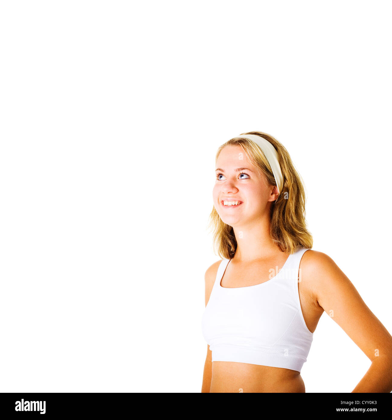 Young woman working out on a white background, from a complete series