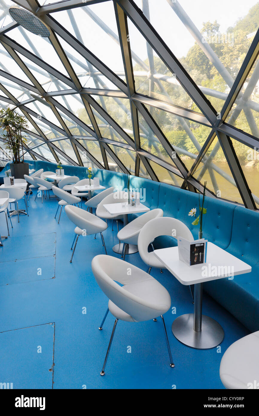 Austria, Styria, Graz, View of cafe in Murinsel at River Mur Stock Photo