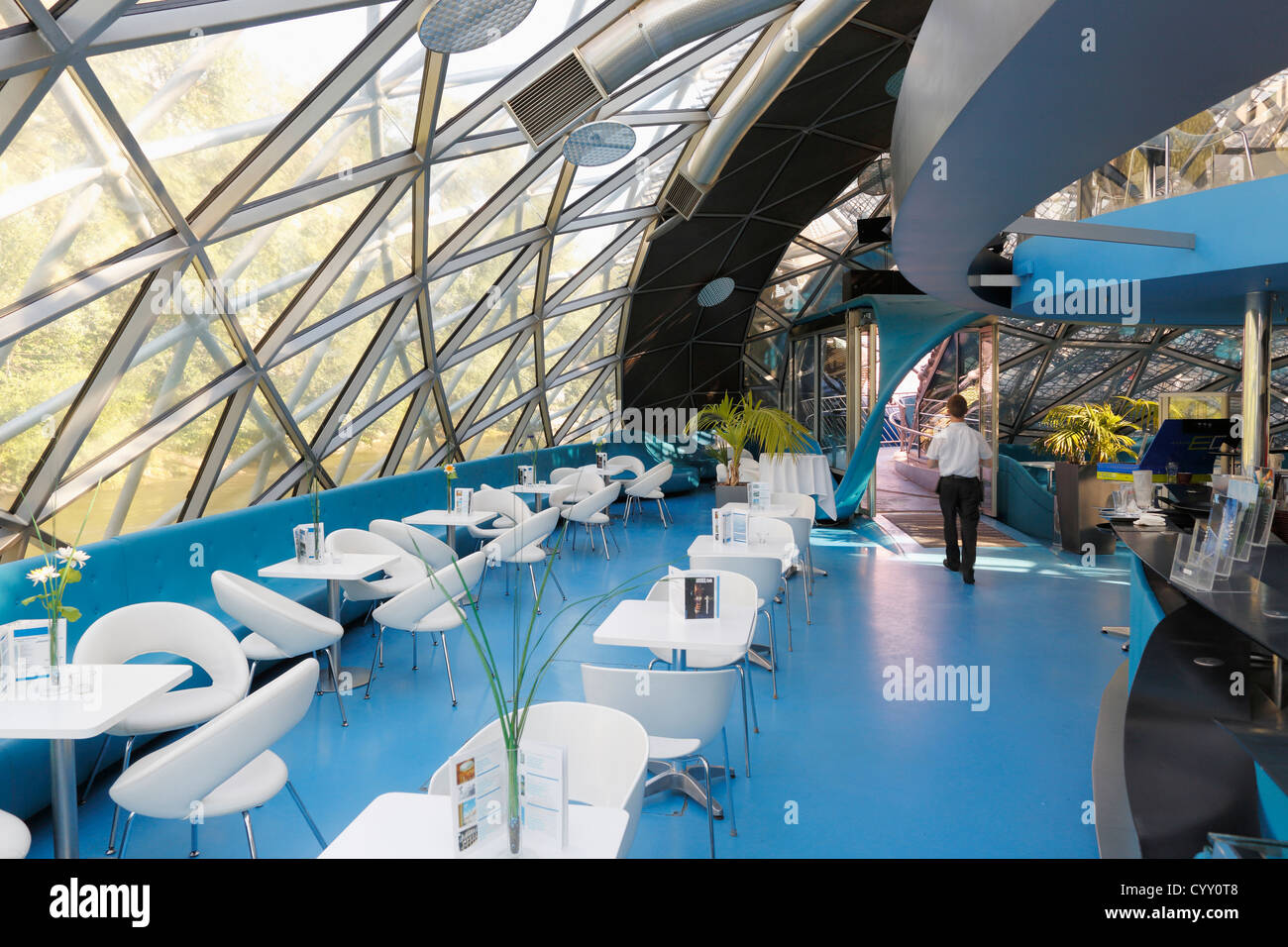 Austria, Styria, Graz, View of cafe in Murinsel at River Mur Stock Photo