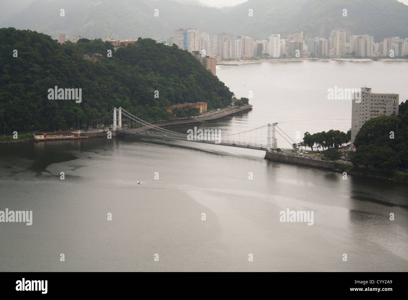 aerial view of Suspension Bridge (Ponte Pensil) between São Vicente and Praia Grande Cities, São Paulo shore, north Brazil. Stock Photo