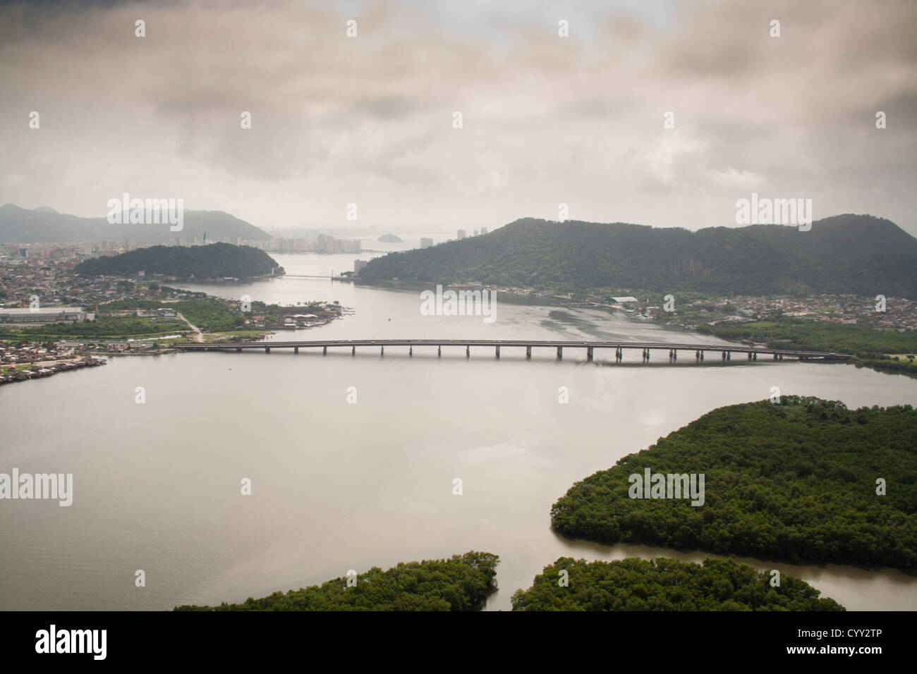 Aerial view of Ponte do Mar Pequeno bridge, connecting Sao Vicente to Praia Grande cities in Sao paulo state shore, Brazil Stock Photo