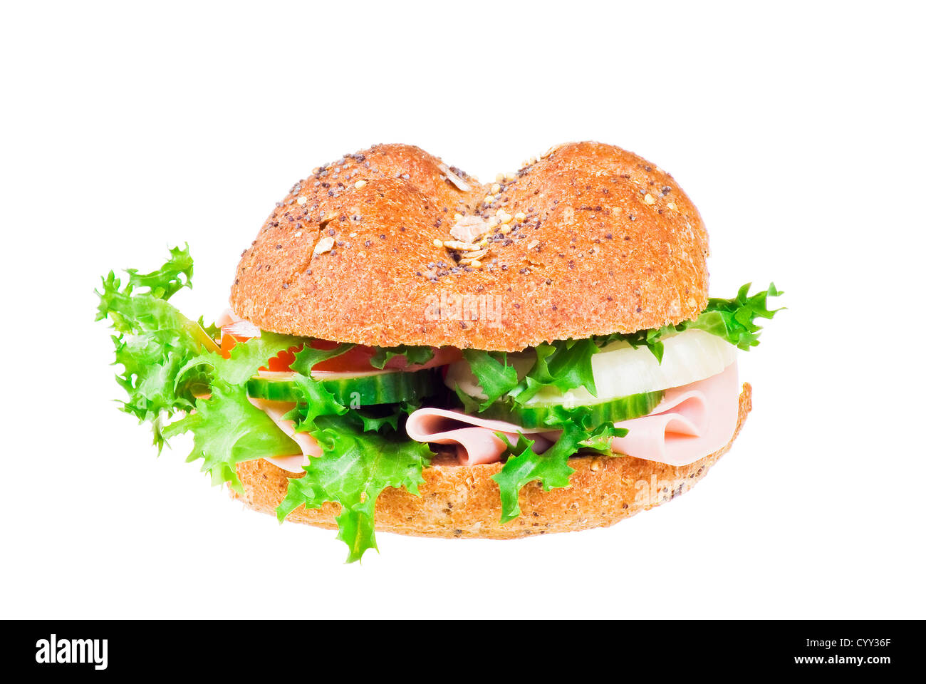 Fresh sandwich with ham and vegetables over white background Stock Photo