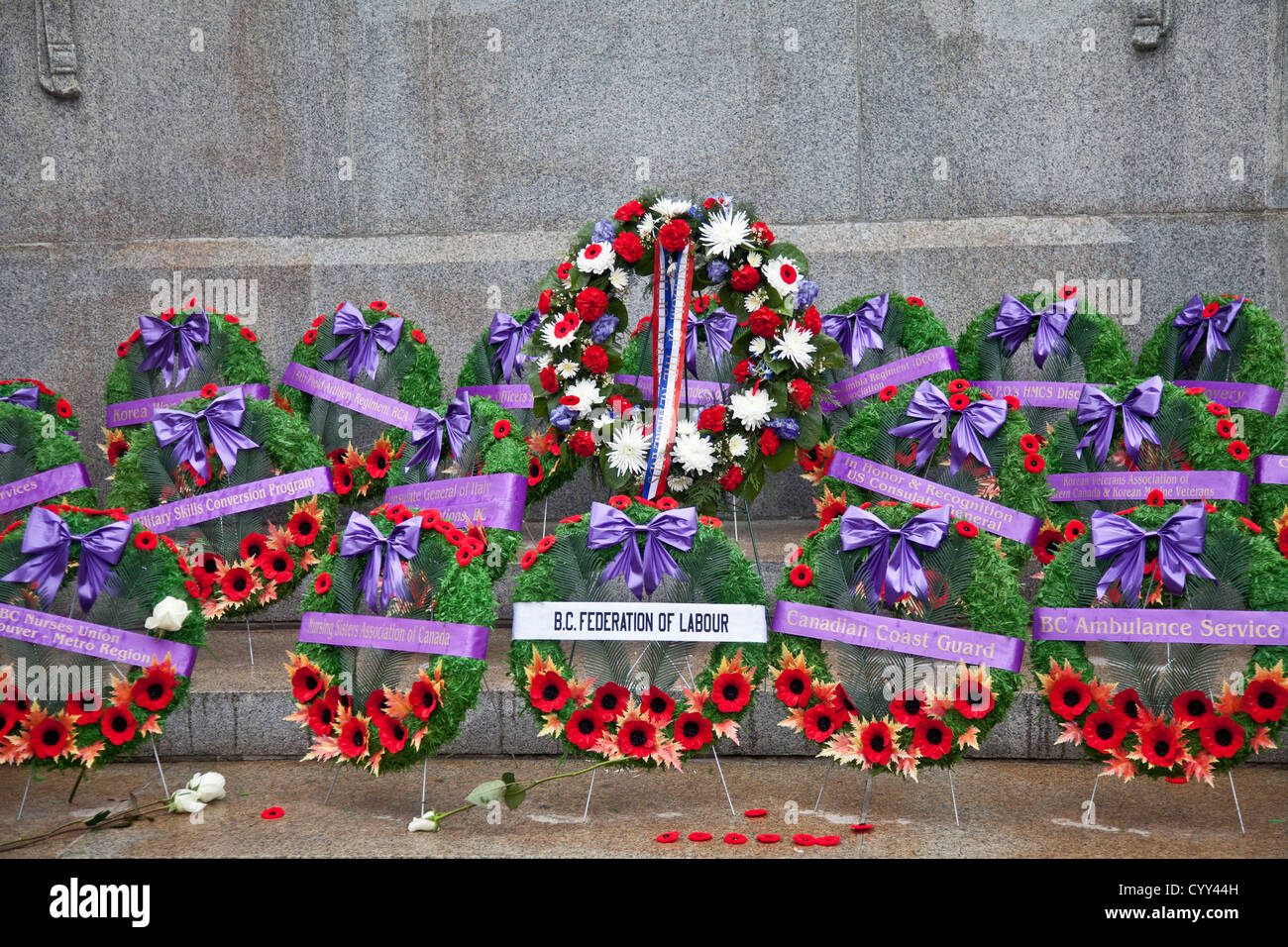 Poppy's and wreaths are laid on Remembrance Day at the Cenotaph in