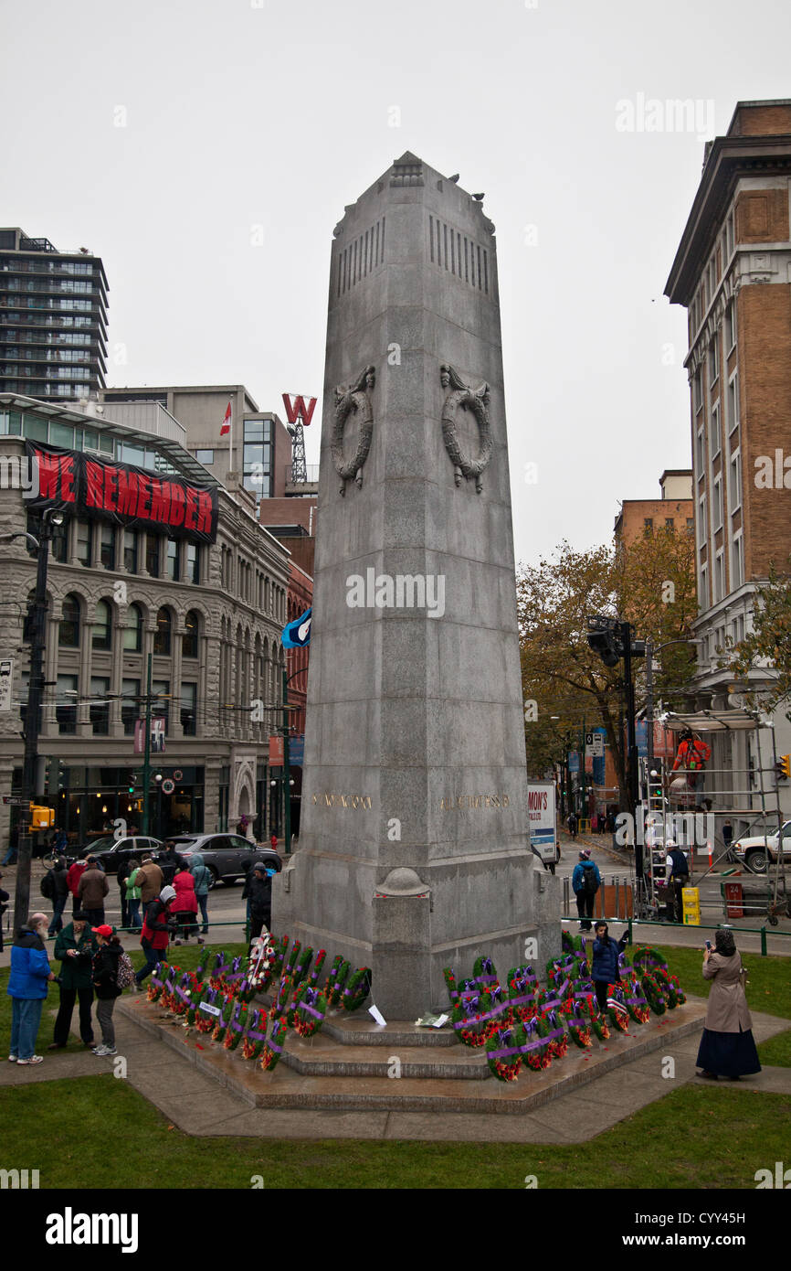 Poppy's and wreaths are laid on Remembrance Day at the Cenotaph in Vancouver's Victory Square. Stock Photo