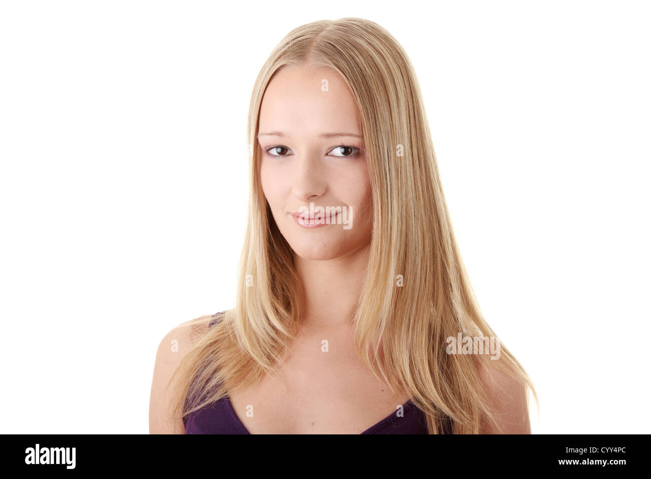 Closeup portrait of a happy young woman isolated on white background ...