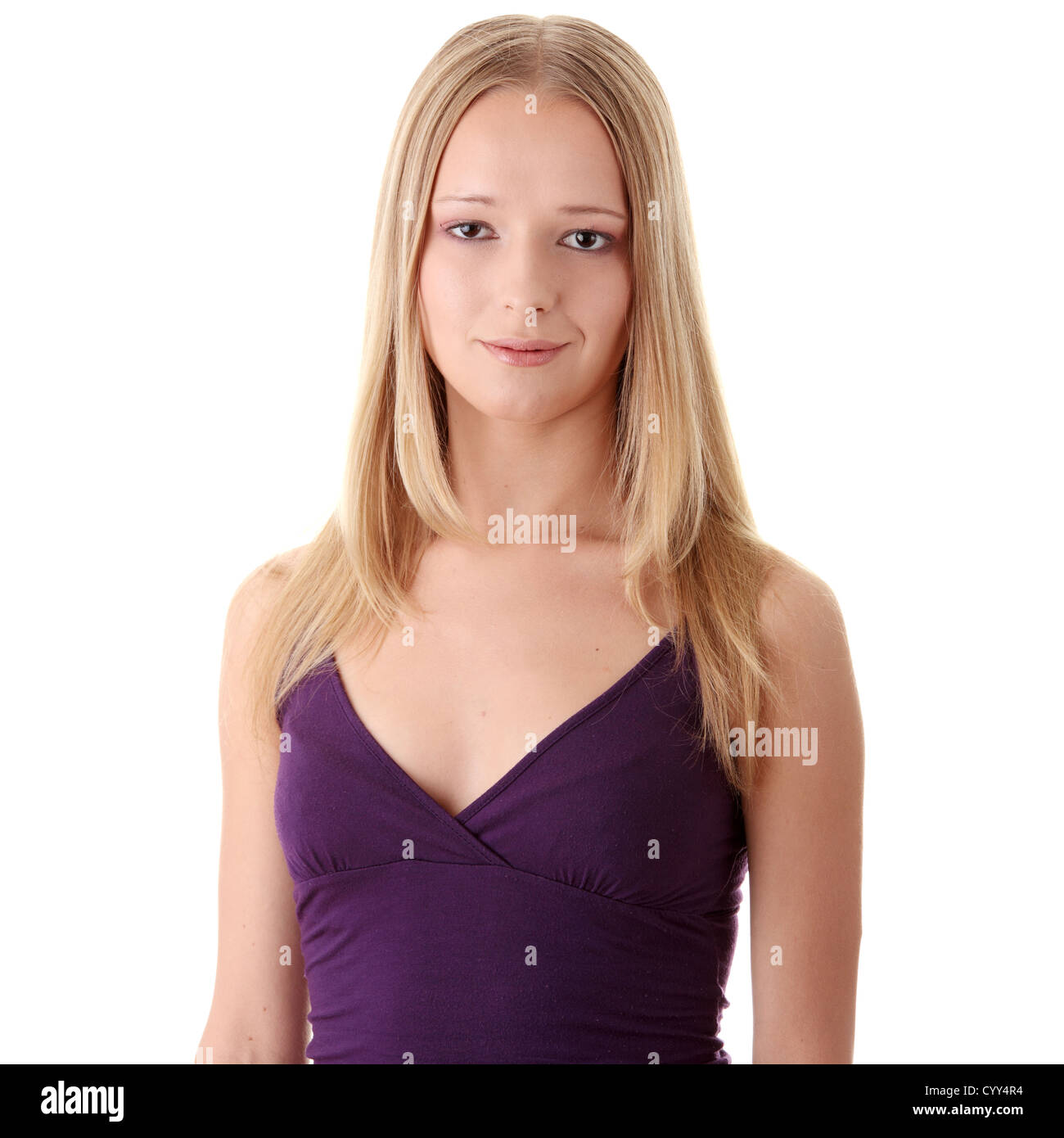 Closeup portrait of a happy young woman isolated on white background ...
