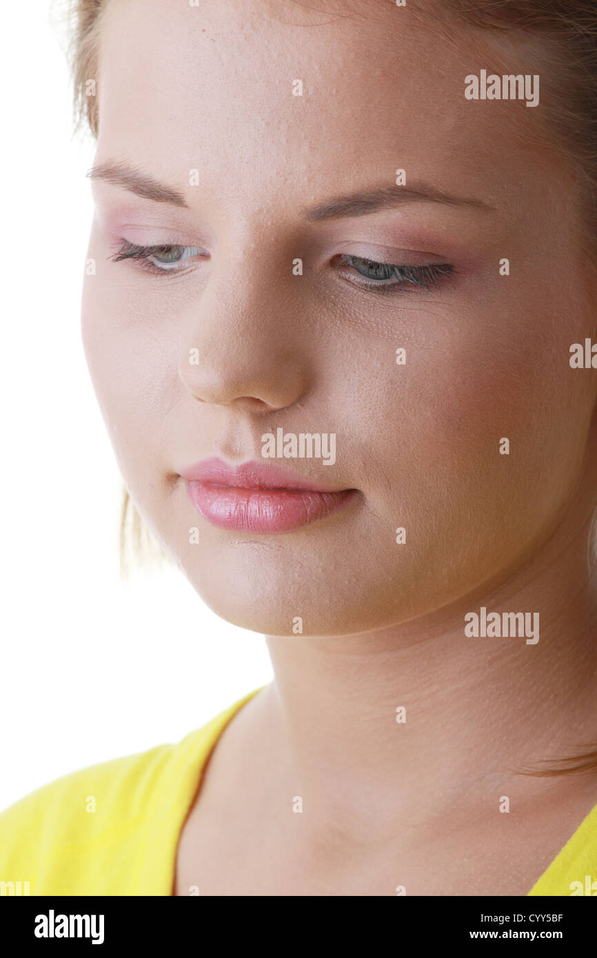 Closeup portrait of a sad young woman isolated on white Stock Photo - Alamy