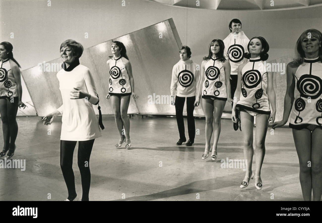 CILLA BLACK  UK pop singer in January 1968 in Series 1 Episode 1 of her BBC TV show "Cilla" backed by dance group The Ladybirds Stock Photo