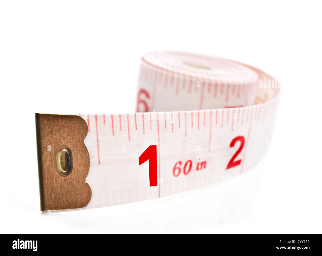 White and red tape measure on a white background with space for text
