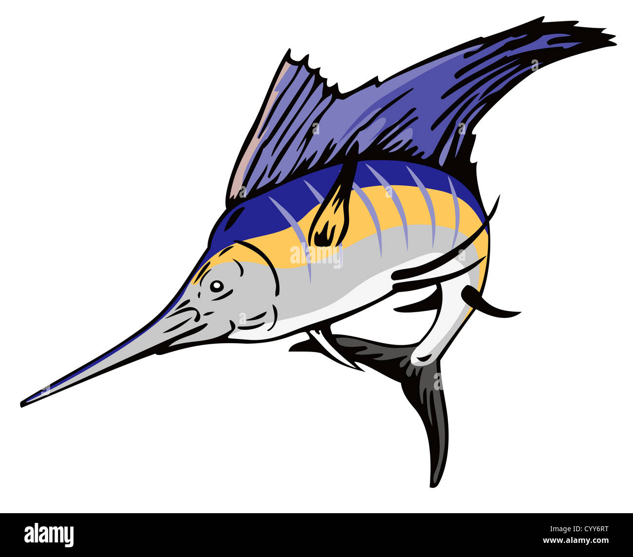 Illustration of a sailfish fish jumping with fishing boat in background done in retro style. Stock Photo
