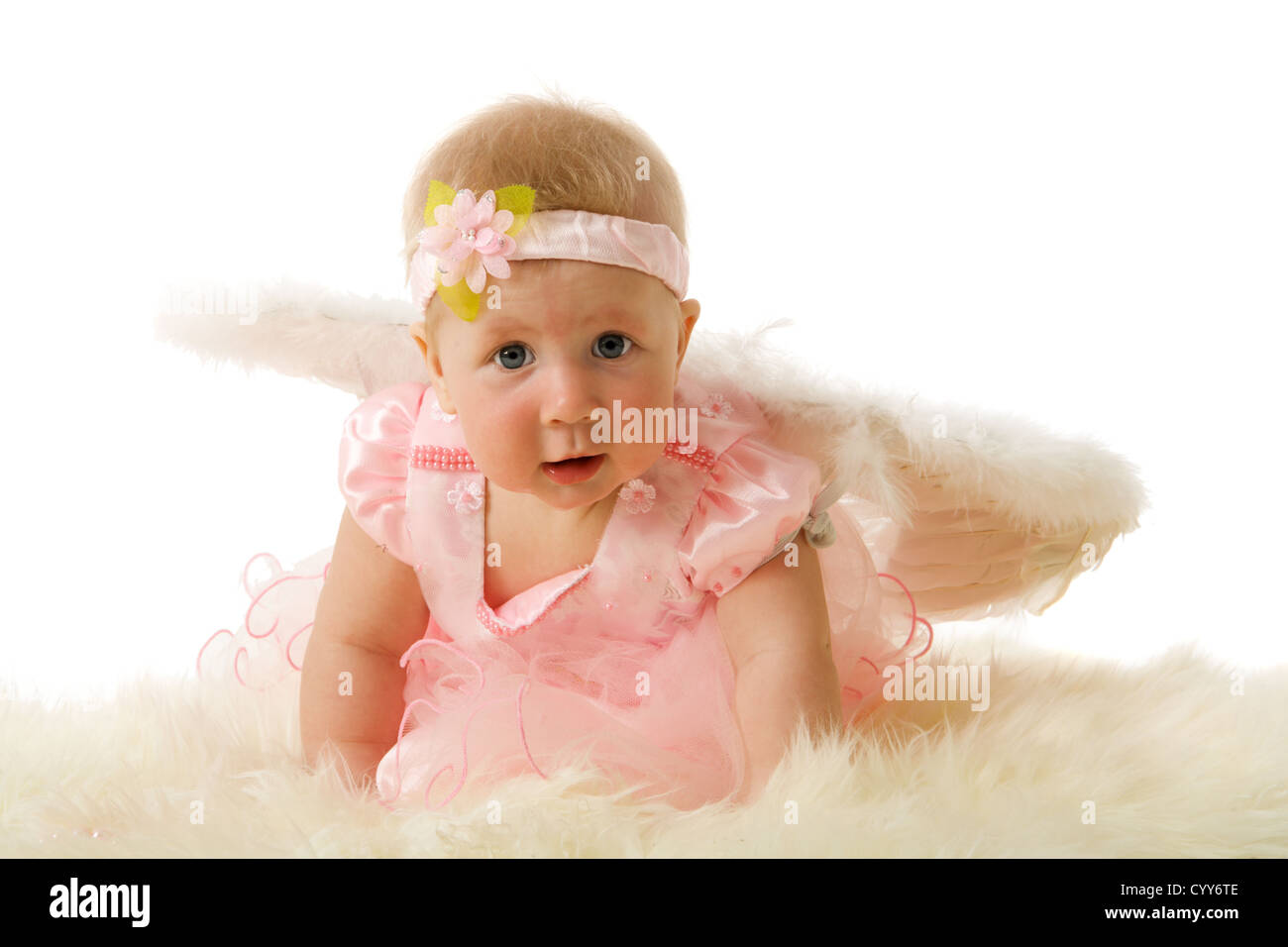 Baby girl wearing Angel wings isolated on white Stock Photo
