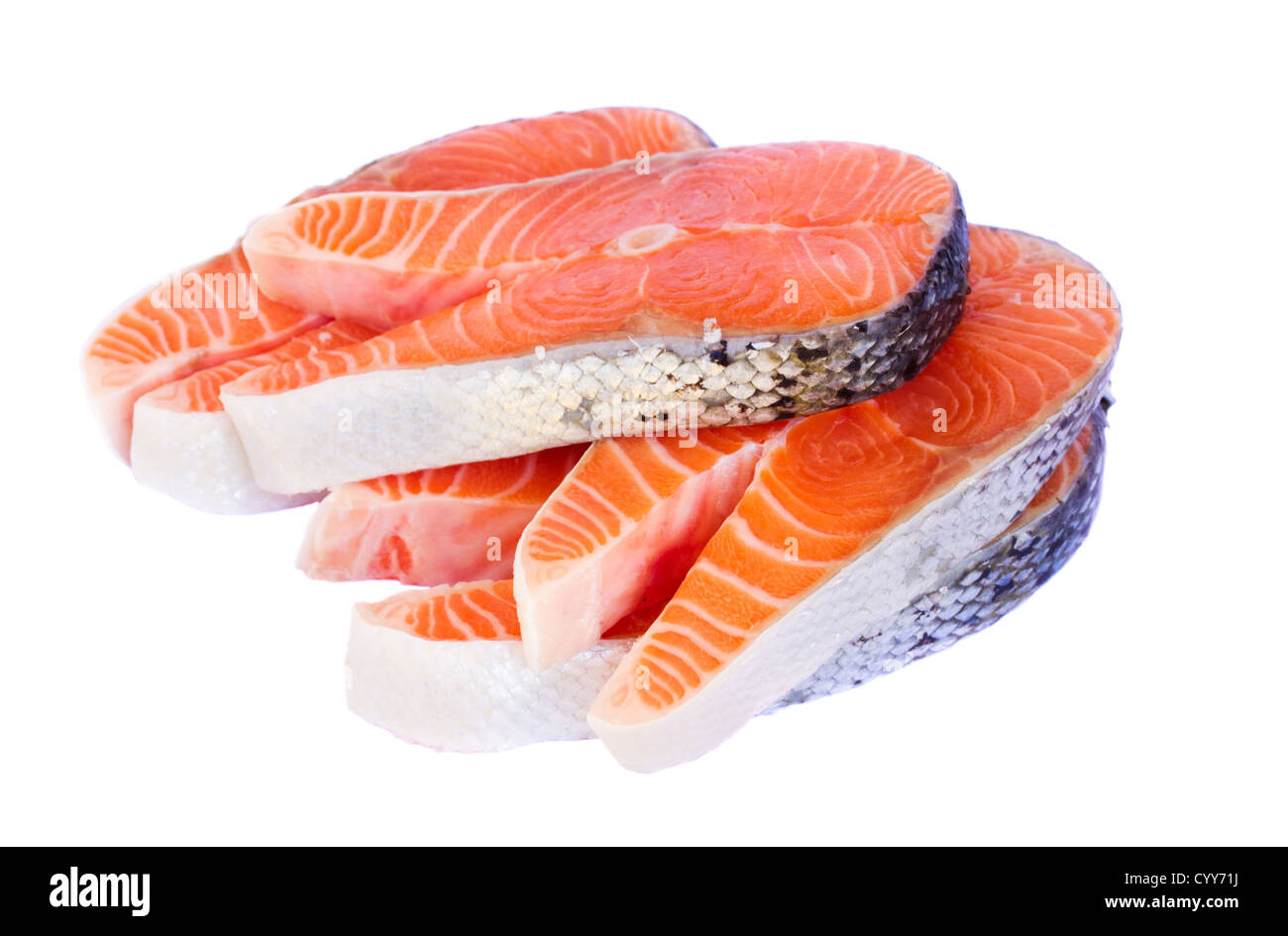 raw salmon steaks isolated on white background Stock Photo - Alamy