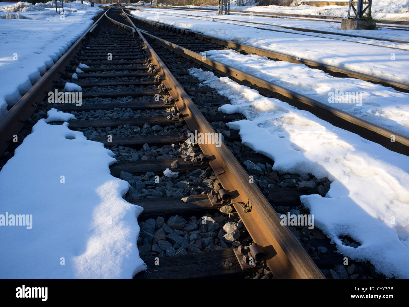 Snowy rusty rails , Finland Stock Photo