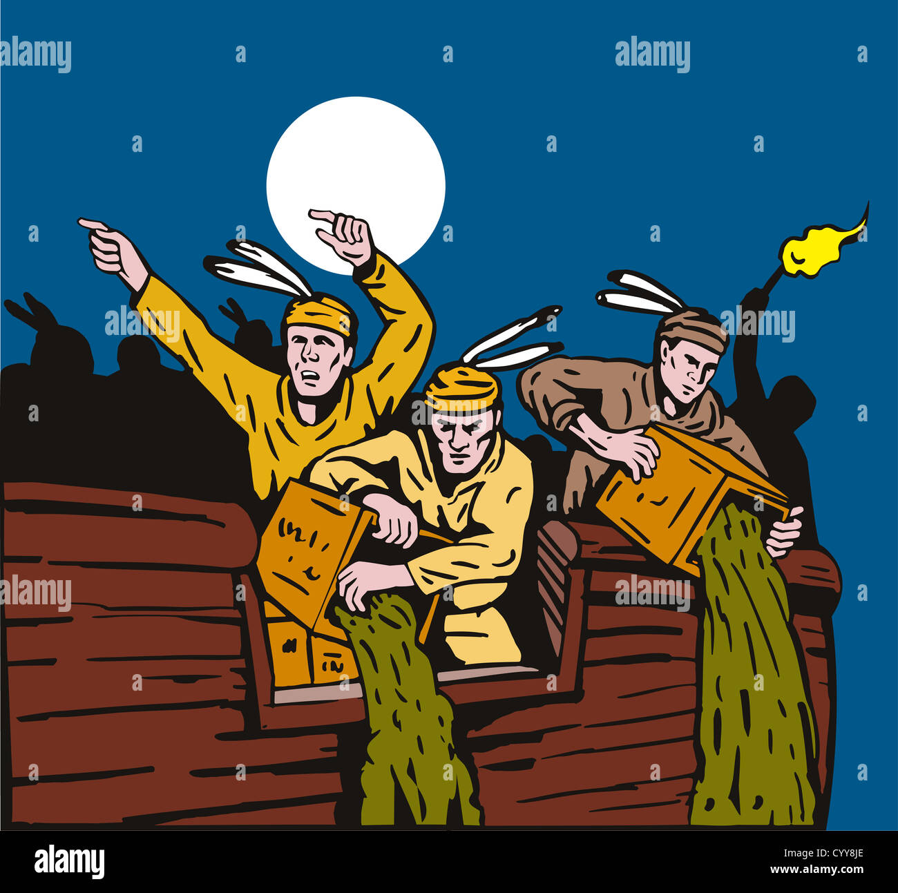 Illustration of the Boston tea party showing American patriots dressed as Native American indians throwing crates of tea overboard the ship. Stock Photo
