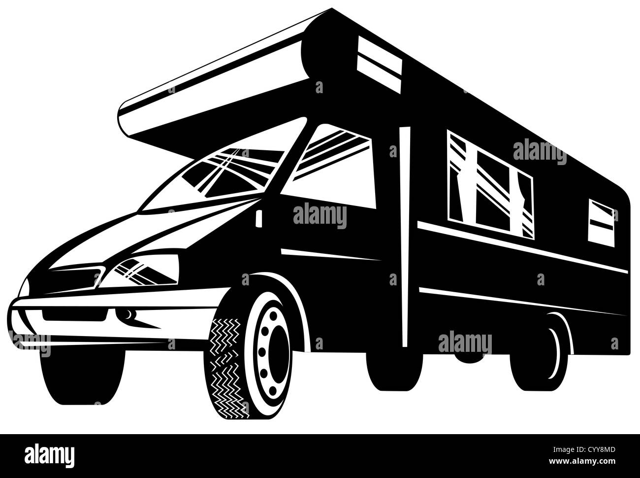 Illustration of a camper van viewed from a low angle done in retro style. Stock Photo