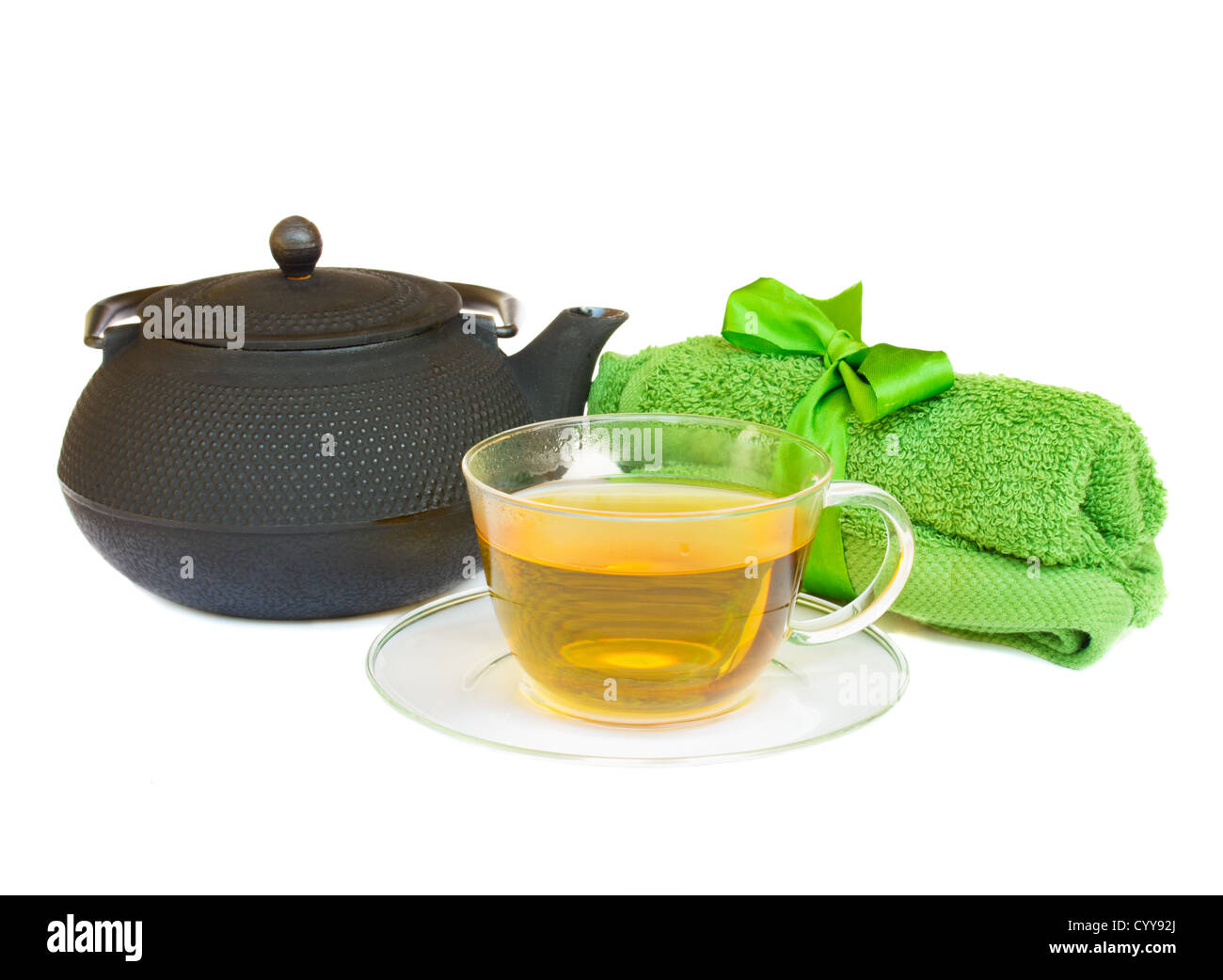 tea set with towel isolated on white background Stock Photo