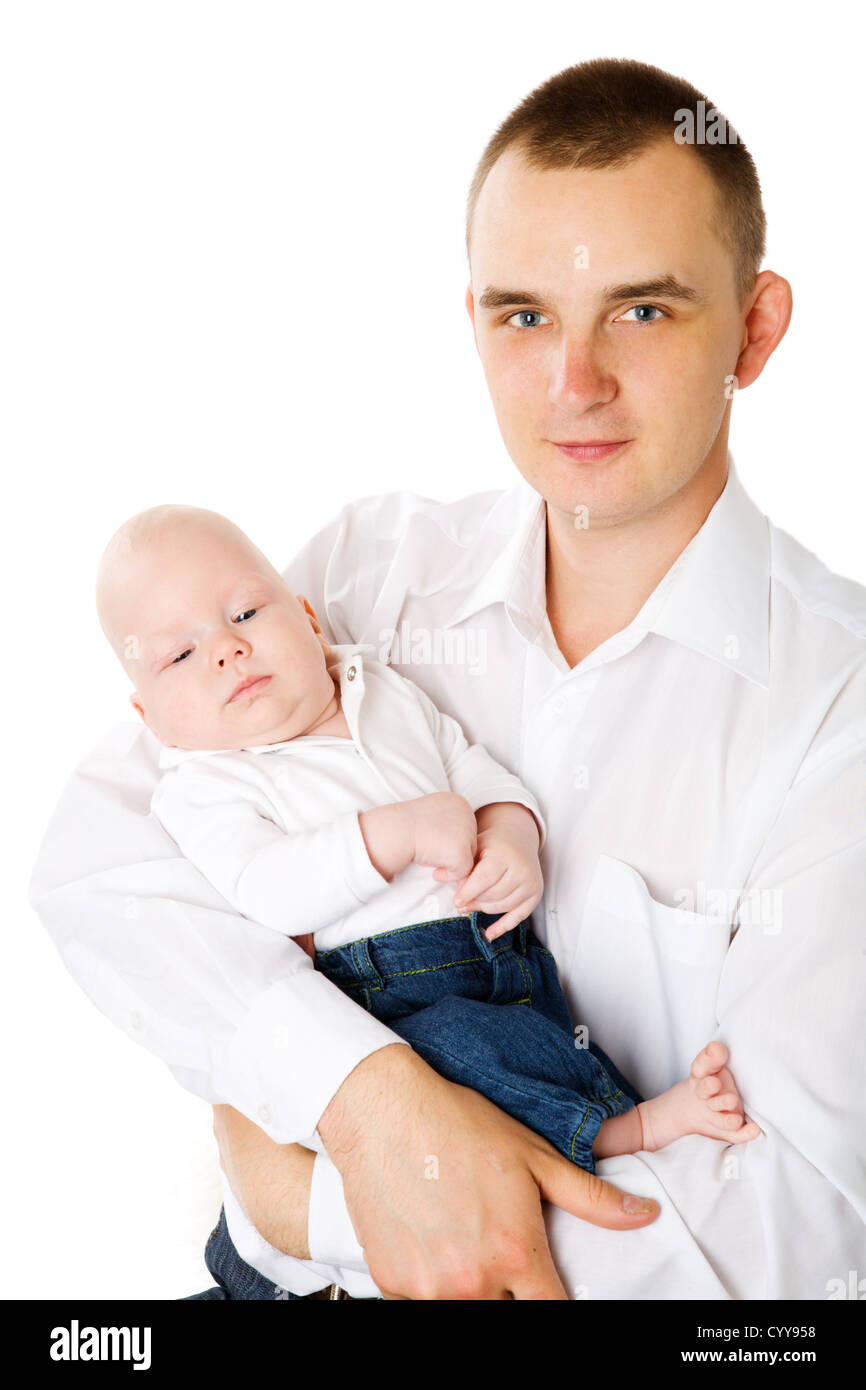 Happy Father holding one month son isolated on white Stock Photo Alamy