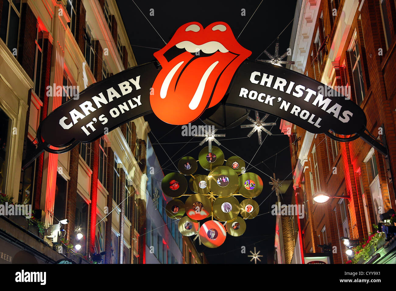 London, UK. 12th November 2012. Christmas Lights and decorations in Carnaby Street with a Rock n Roll records theme, London Stock Photo