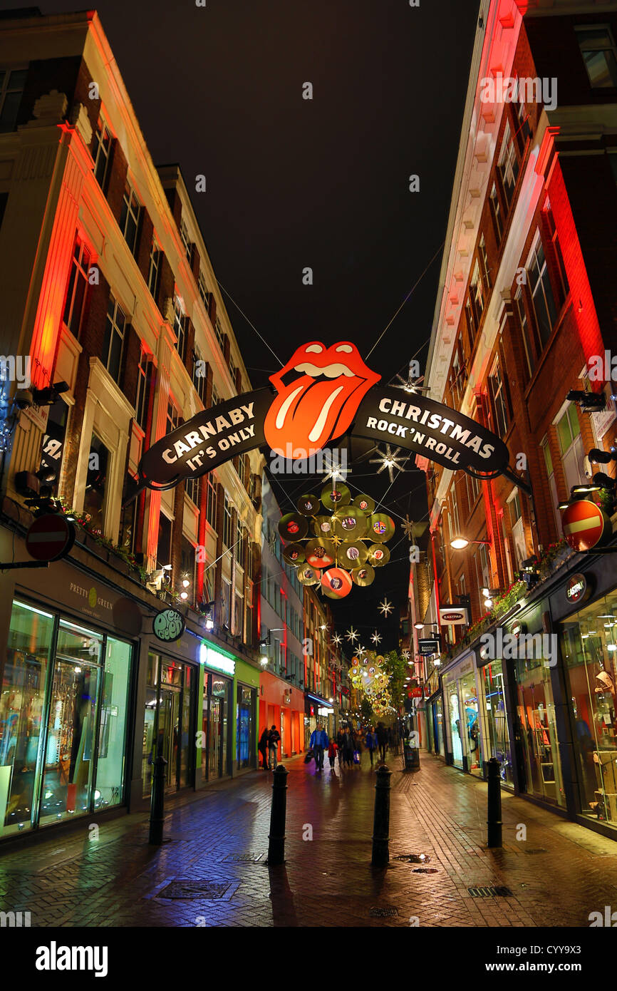 London, UK. 12th November 2012. Christmas Lights and decorations in Carnaby Street with a Rock n Roll records theme, London Stock Photo