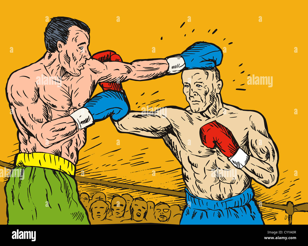 illustration of a boxer connecting a knockout punch sketch style Stock
