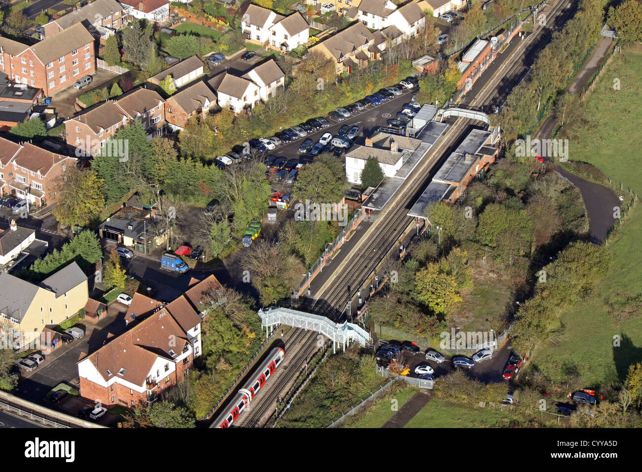 aerial view of Theydon Bois underground station in Essex Stock Photo