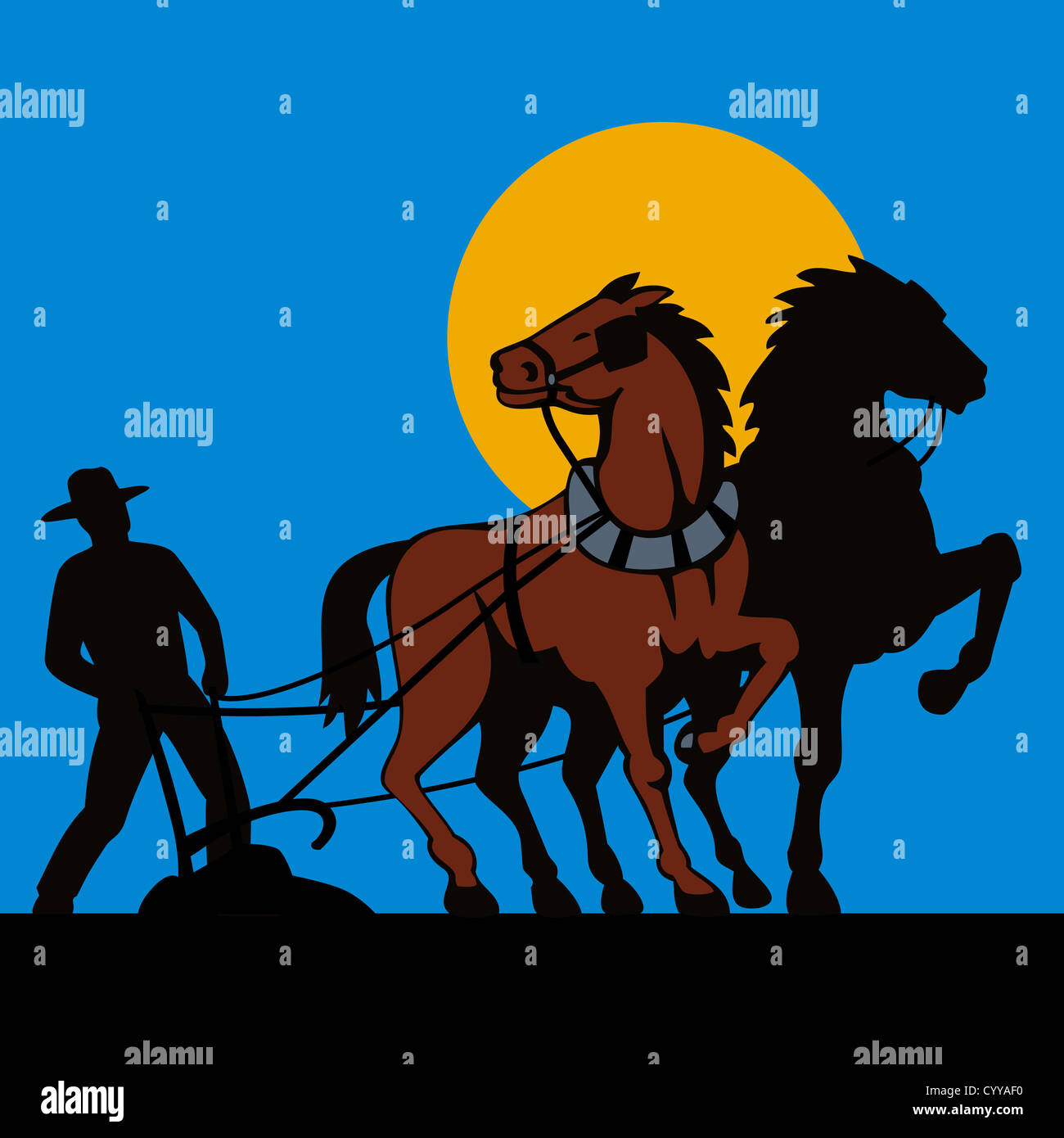 illustration of a farmer and horse plowing field done in retro style ...