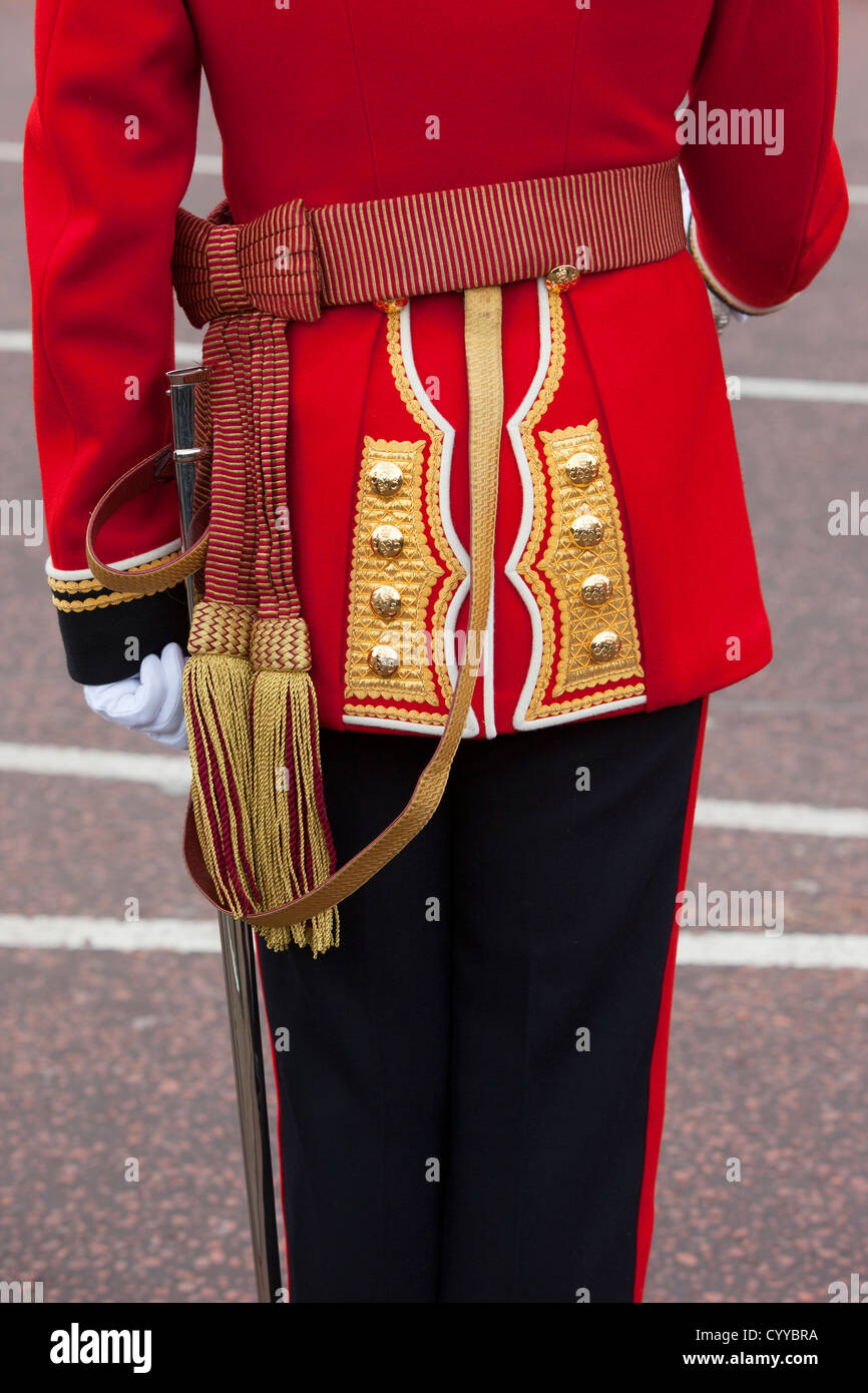 Uniform detail of a Member of the Scots Guard at Buckingham Palace, London England, UK Stock Photo