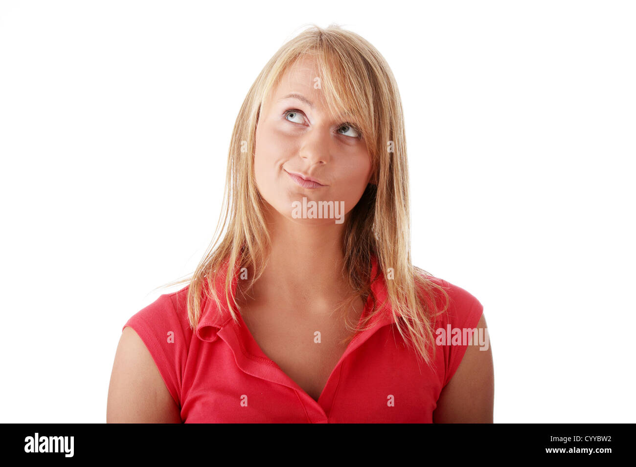 Closeup portrait of a happy young woman isolated on white background ...