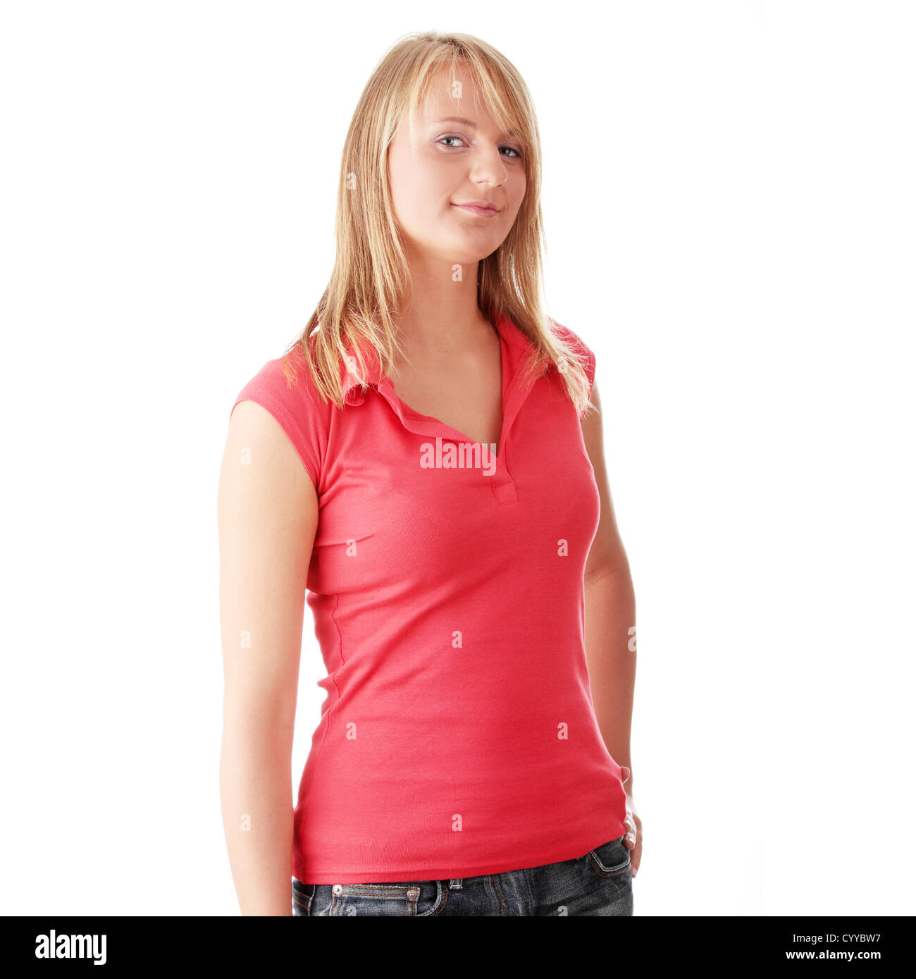 Closeup portrait of a happy young woman isolated on white background ...