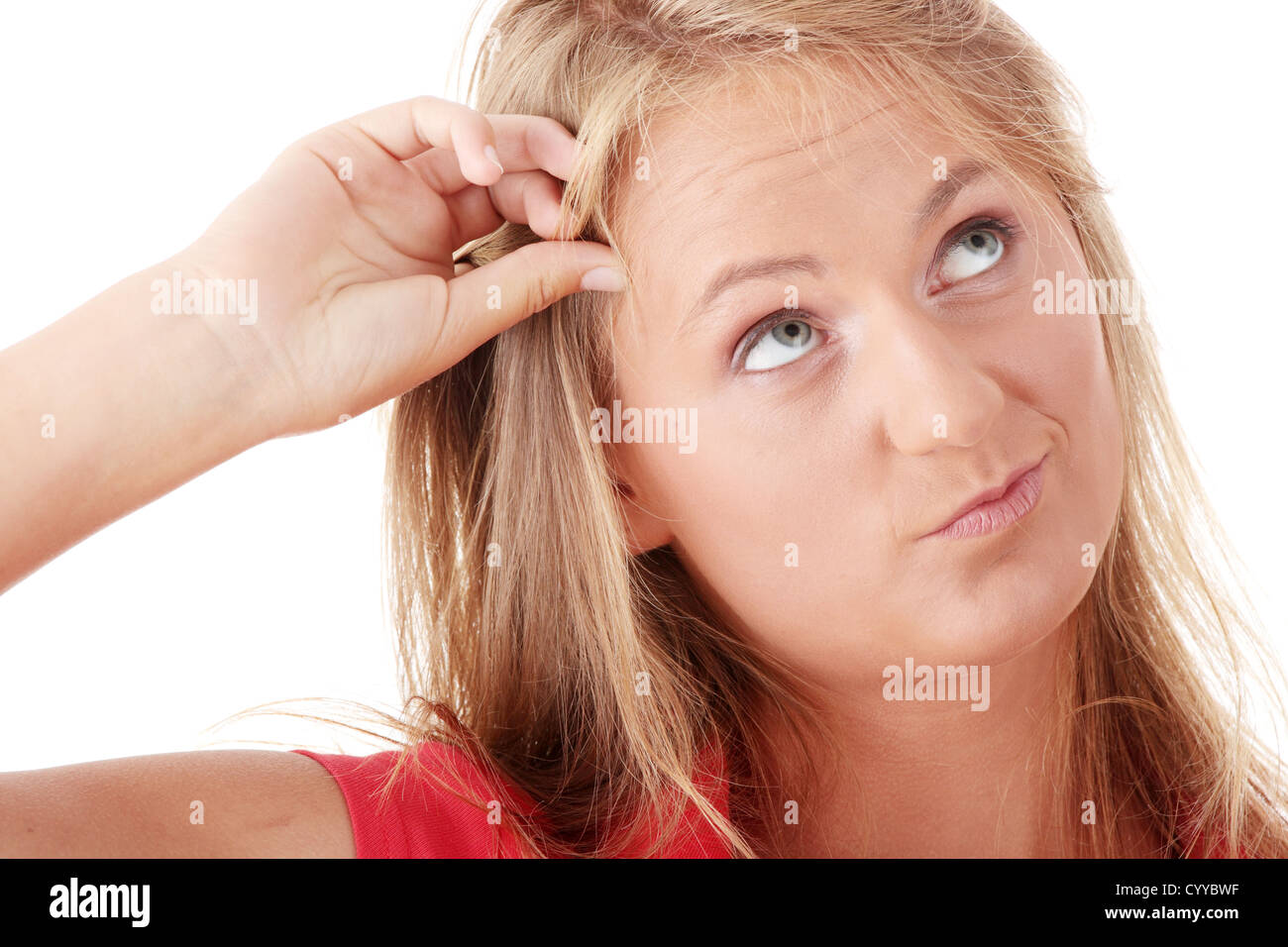 Closeup portrait of a happy young woman isolated on white background ...